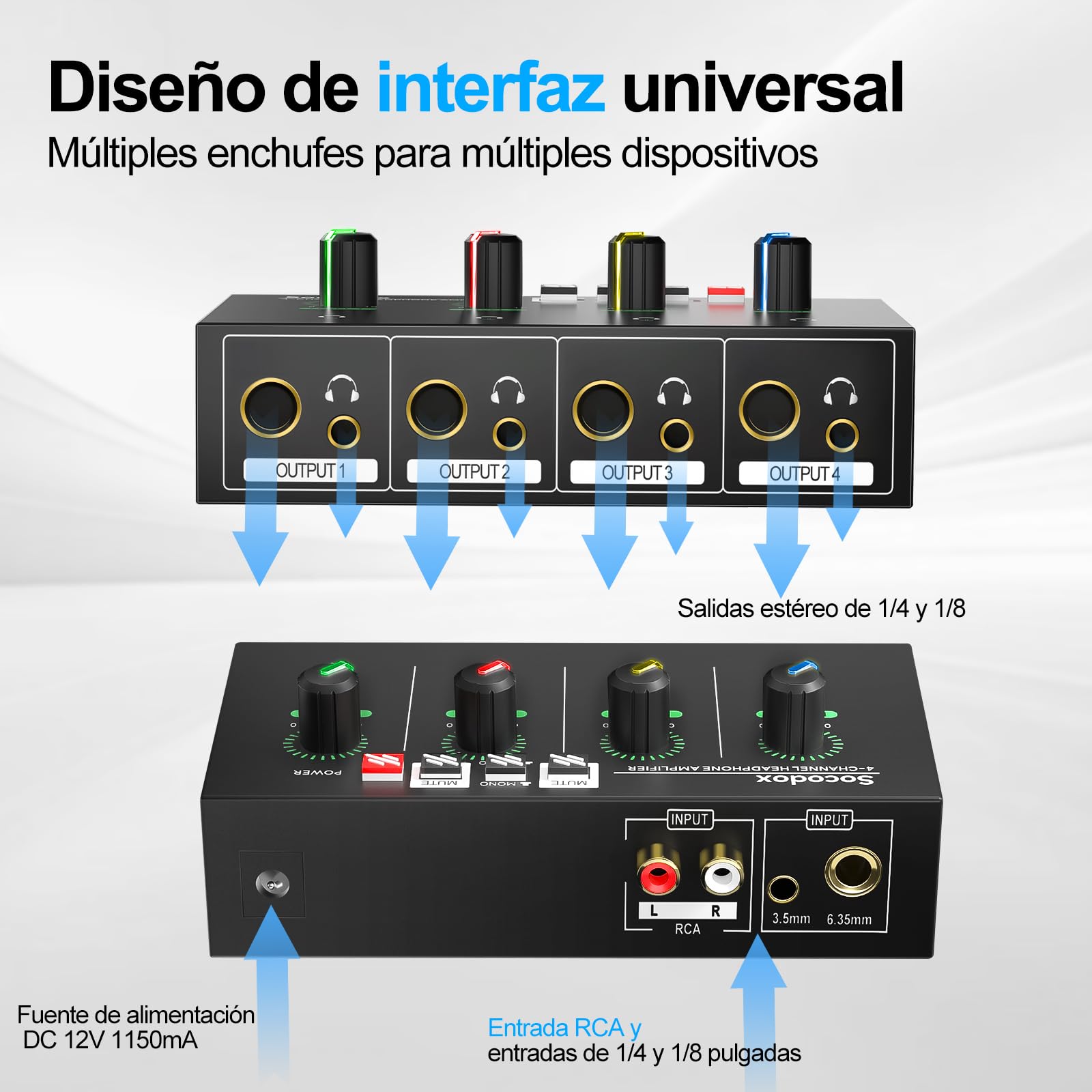Amplificador de Auriculares de 4 Canales con Jacks de 3,5 mm/6,35 mm/RCA, Divisor de Auriculares de Metal con 8 Puertos de Salida para Auriculares, Compacto con Interruptor estéreo y luz RGB
