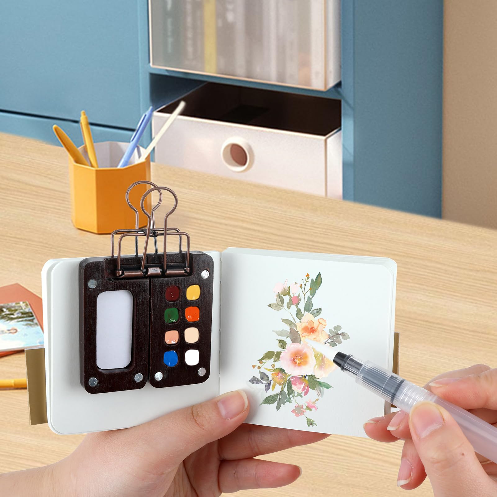 Mini Aquarelschilderset Reis - Draagbaar Palet Met 12 Kleuren, Schetsboek & Accessoires