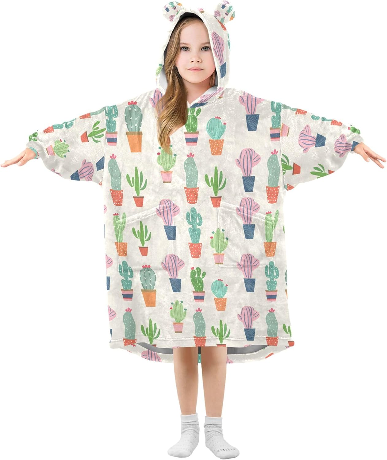 Cactus Flower Kids Wearable Blanket Hoodie with Pocket and Sleeves for Toddlers, Cute Hoodies Girls Boys B0403983