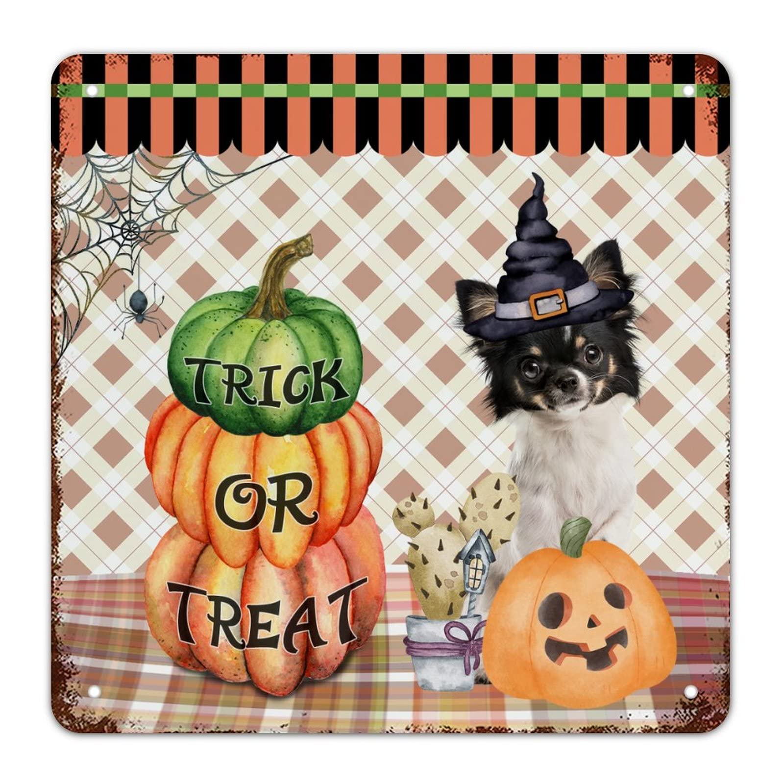 Panneau en métal Halloween sorcière caniche et citrouille 38cm
