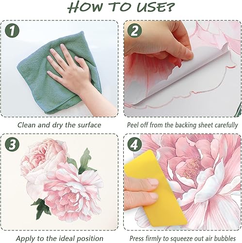 Miniatura 26 de Calcomanía de pared floral de peonía grande de 38.6 pulgadas para despegar y pegar, calcomanías de pared de flores retro, calcomanías de pared