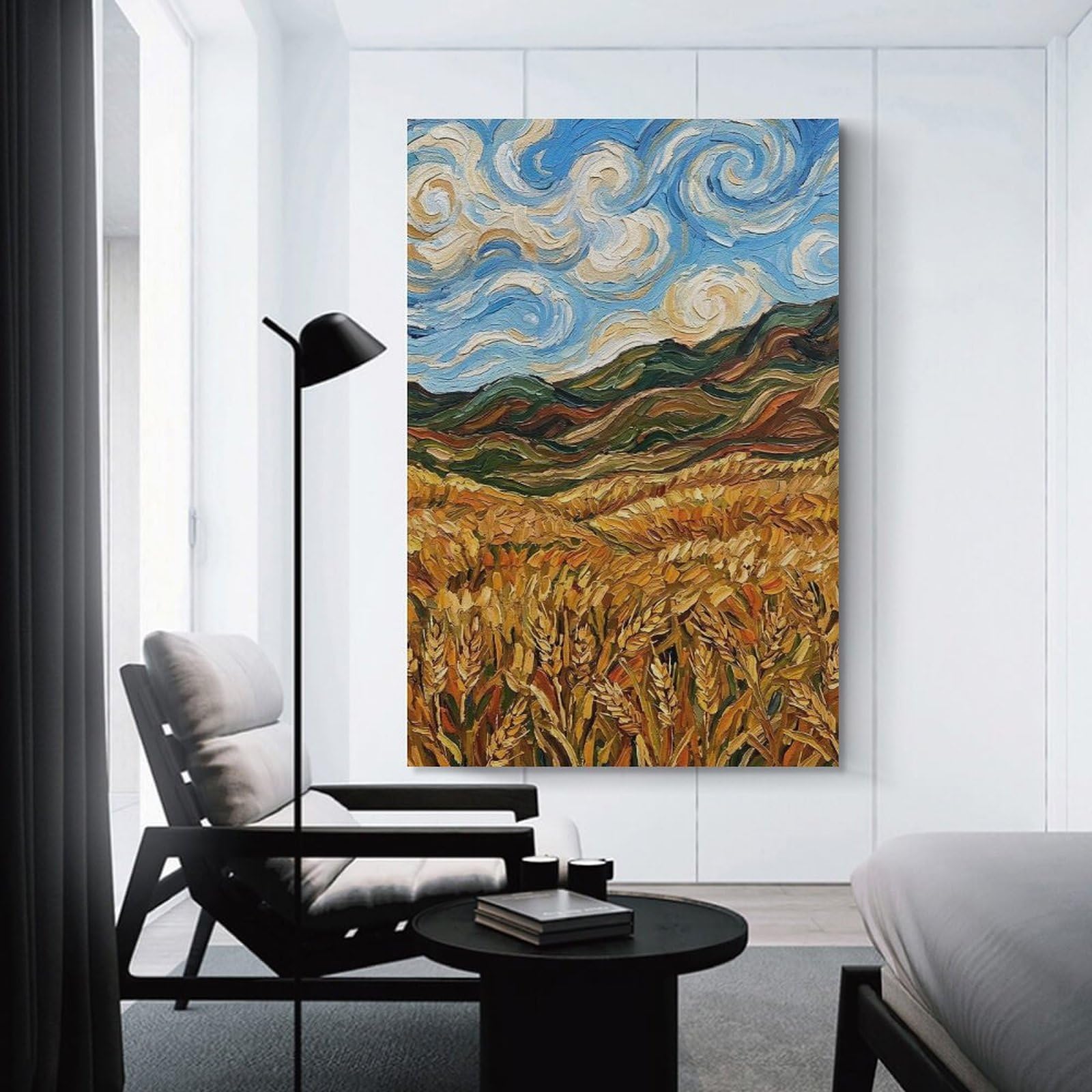 Junmoney Hanging Wall Art Wheat Field Under Swirling Sky, 20x30inch(50x75cm), for Small Homes, Bedrooms Or Open Spaces, Wall Decor with Flexible Room Appeal