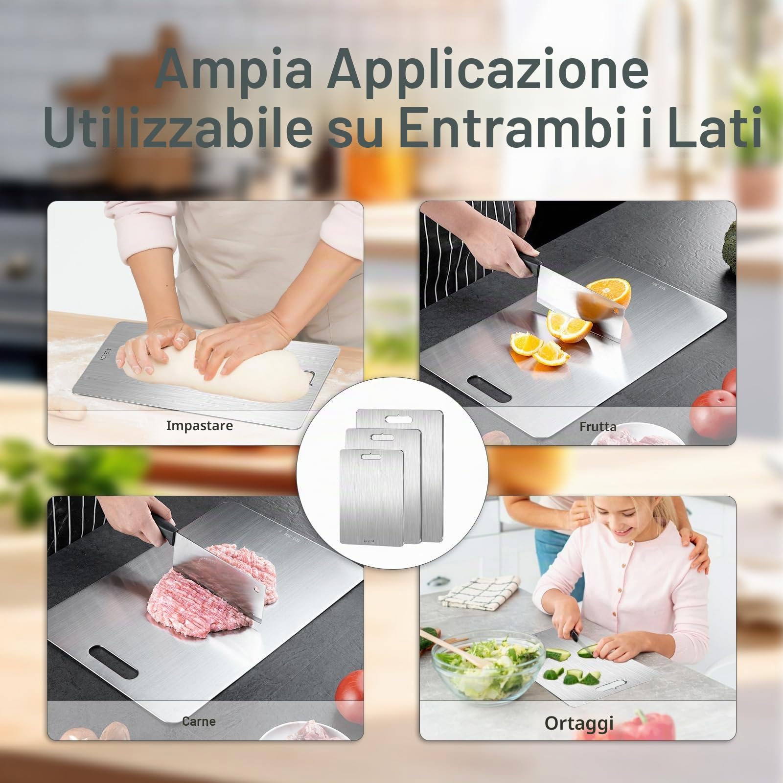 Tagliere Acciaio Inox Alimentare 304,Taglieri a Doppia Faccia Antibatterici | Set 3 Pezzi Tagliere Cucina Lavabile in Lavastoviglie,per Carne, Frutta, Verdura, Impasto (39x28+29x20+25x15cm)