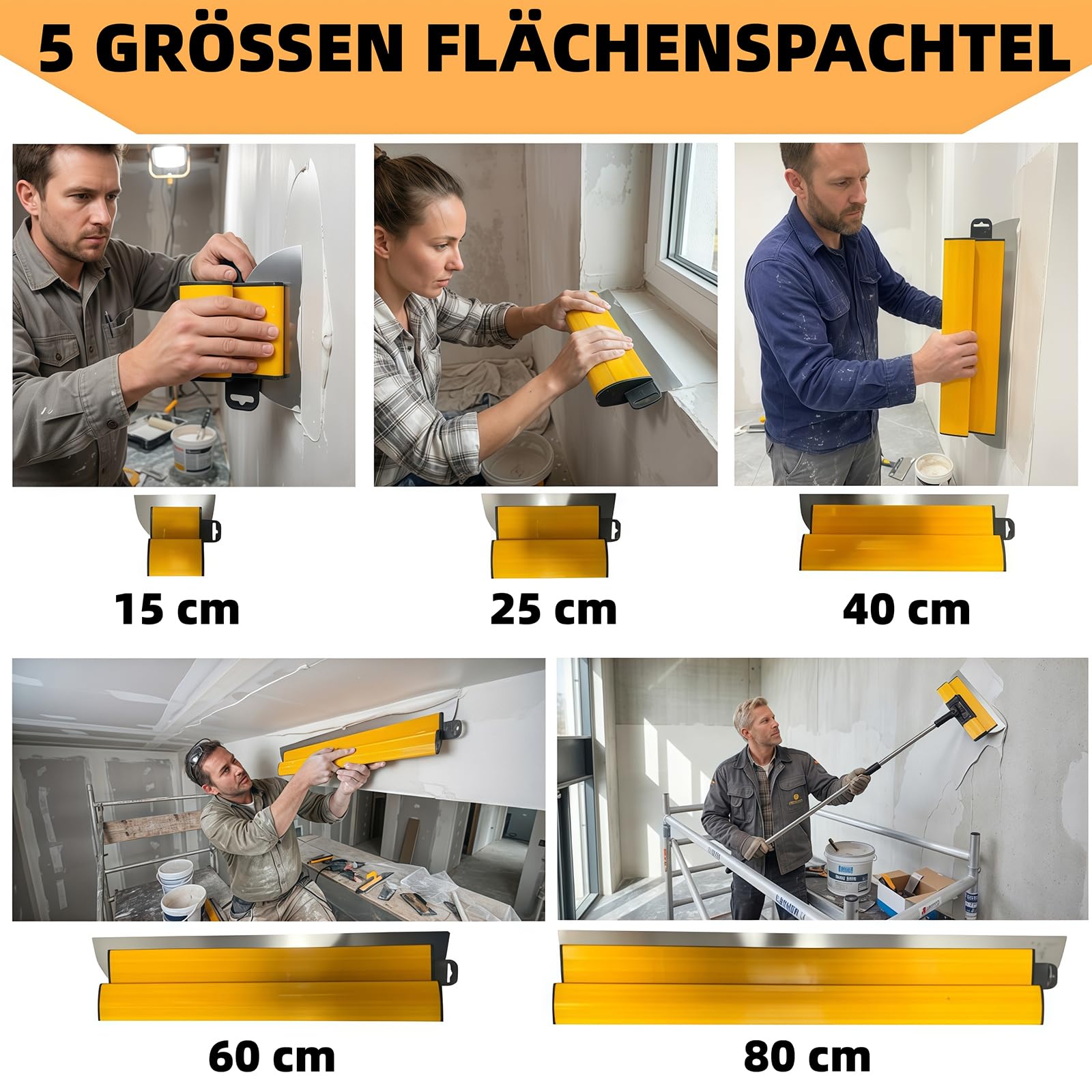 15 Stück Flächenspachtel Set, Flächenspachtel 15 cm/25 cm/40 cm/60 cm/80 cm | Edelstahl Spachtel Werkzeug, mit Teleskopstange & 5 Ersatz-Flächenspachtel, für Wandbearbeitung und Großflächiges Arbeiten