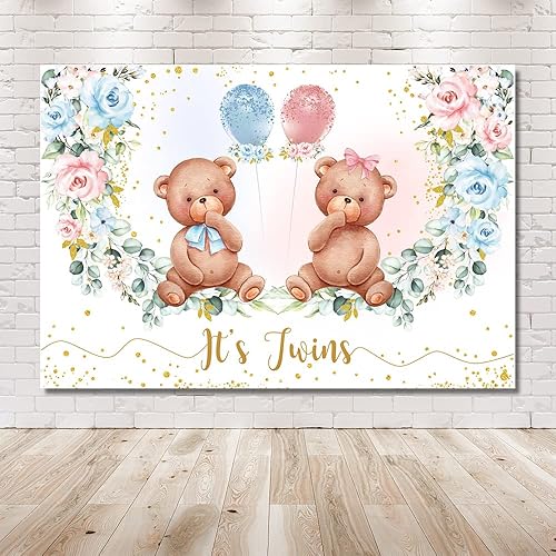 Miniatura 6 de MEHOFOND Telón de fondo para baby shower con temática de oso gemelo para niños y niñas, decoración floral rosa y azul para fiesta de cumpleaños,