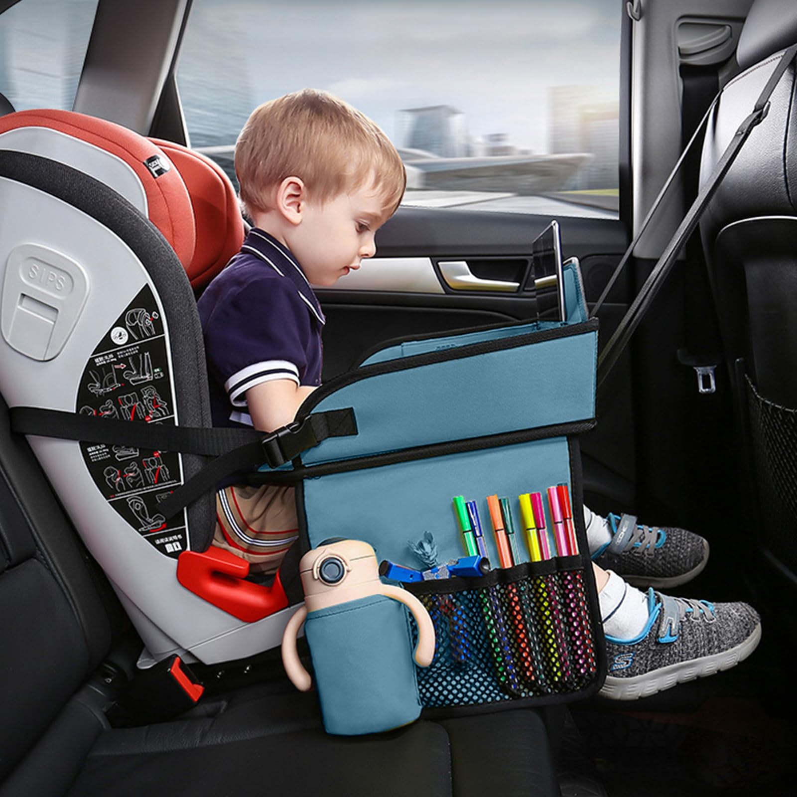 Vassoio per seggiolino auto per bambini, da viaggio, pieghevole, per auto, per bambini, impermeabile, per bambini, vassoio da viaggio, multifunzione, portatile, 43,5 x 33 x 16 cm, colore: blu