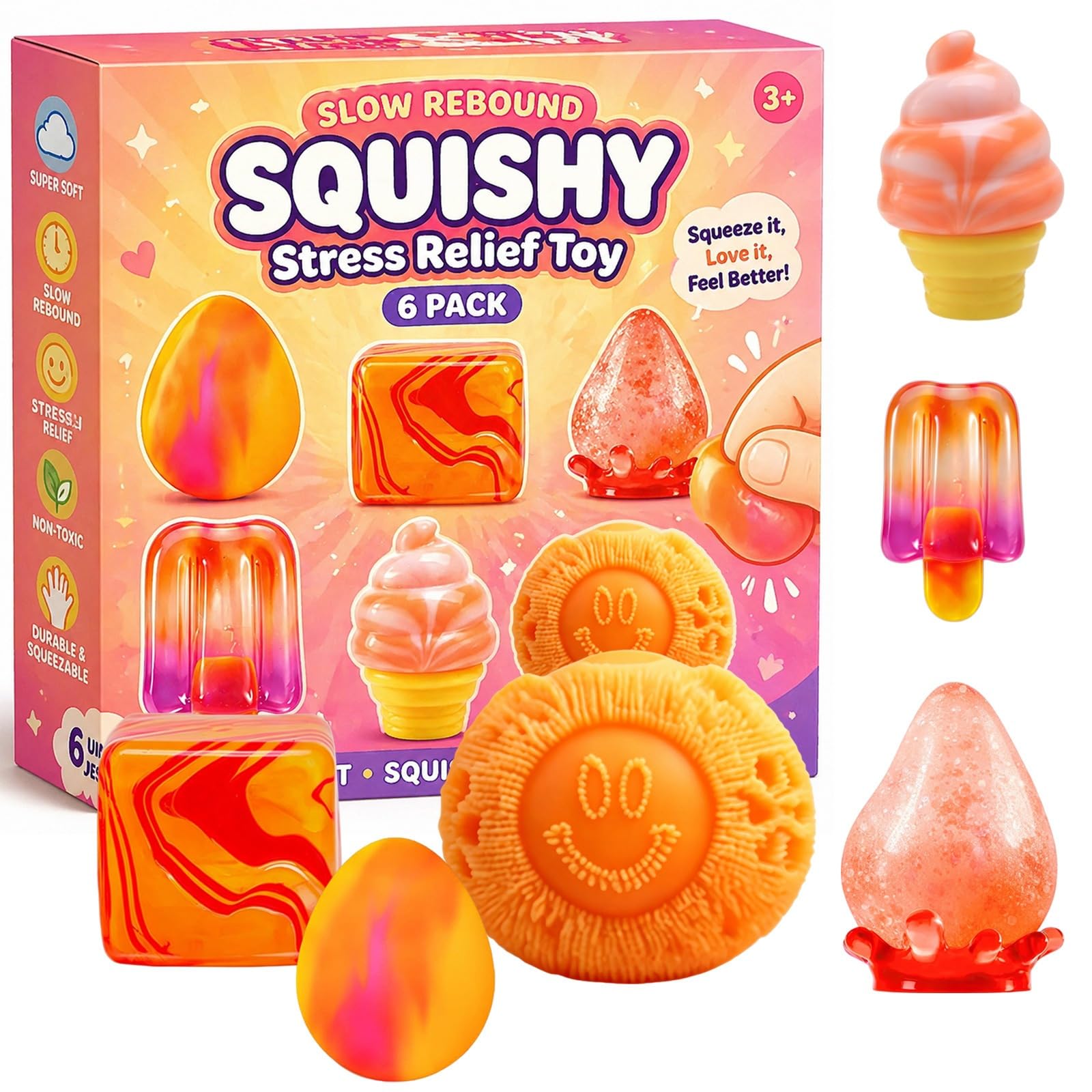 Stress Balls, Squishy Stress Balls Sensory Squeeze Ball for Kids Adults Squishy Fidget Toy Stress Relief Squishy Hand Exercise Balls Sensory Toys for Anxiety Alleviation (D（6pcs）)