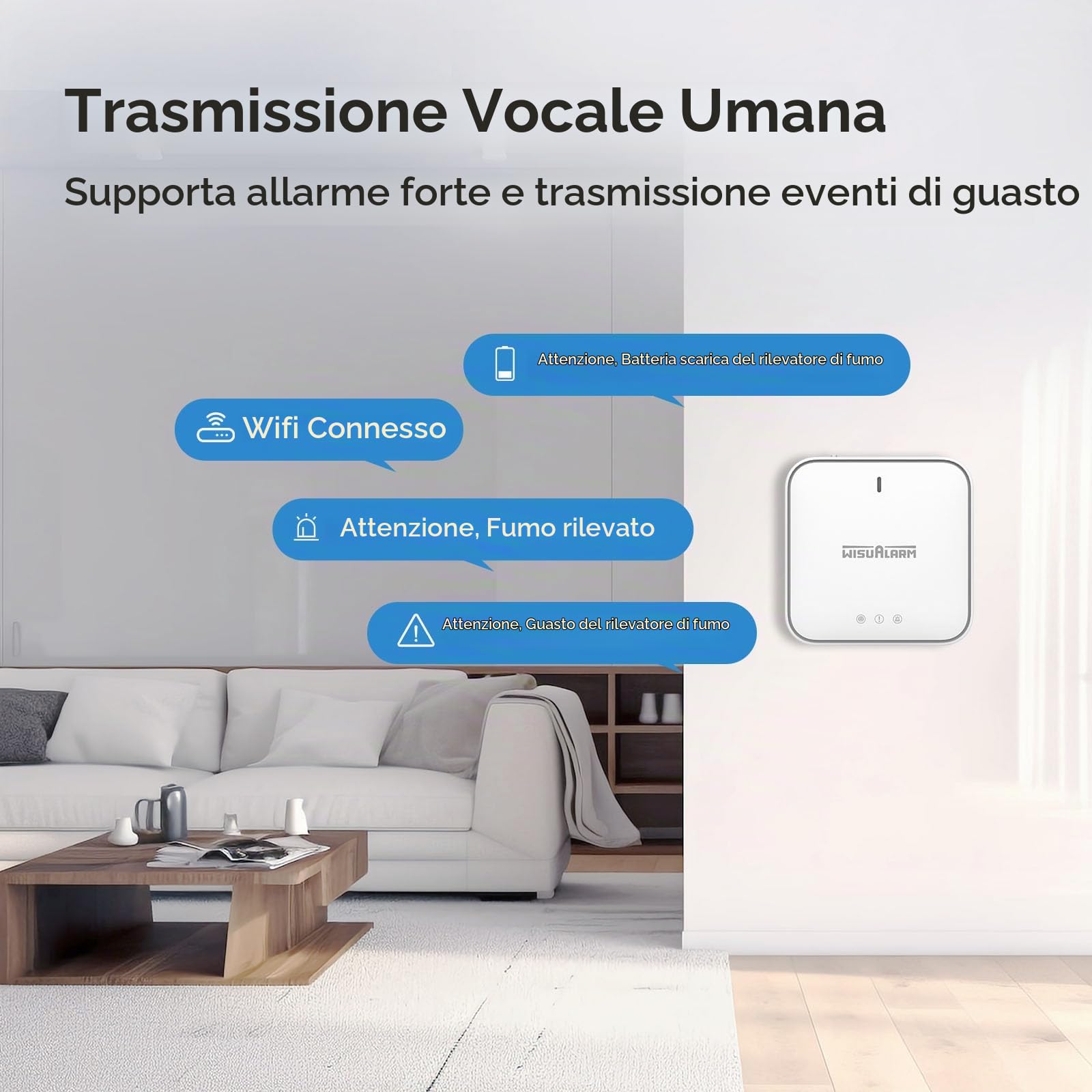 Wisualarm Rilevatore di Fumo Intelligente (con Gateway), Rilevatore di Fumo Connesso per uso Domestico, Notifiche dell'app Wisualarm, Conforme alla Norma EN14604 (5 rilevatori di fumo + 1 gateway)