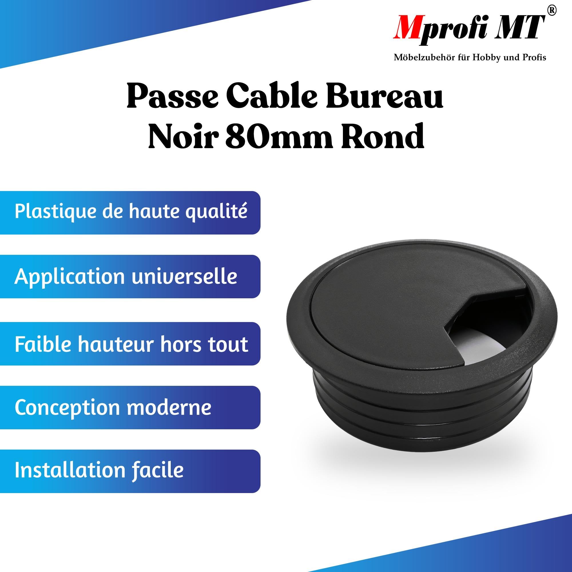 Mprofi MT® 10 Pièces | Passe Cable Bureau Noir Ø 80mm | Passages de Passe Fil Bureau en Plastique | Cable Management PC Gamer | Organisateur de Gestion des Câbles pour la Maison