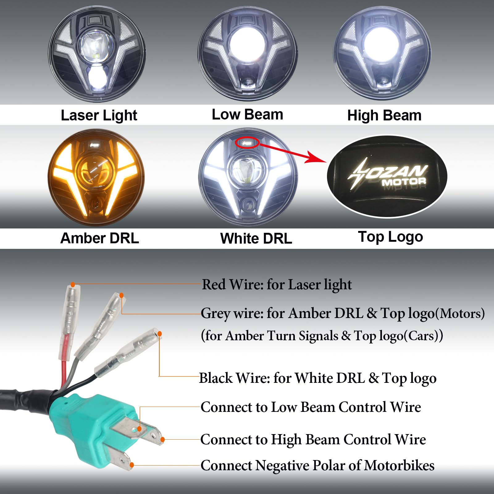 Dirtbike Headlight 7-Inch Round LED Motorcycle Headlight - White/Amber DRL  With Laser For Bikes \u0026 Jeeps Motorcycle Headlight With DRL, image size:1600x1600