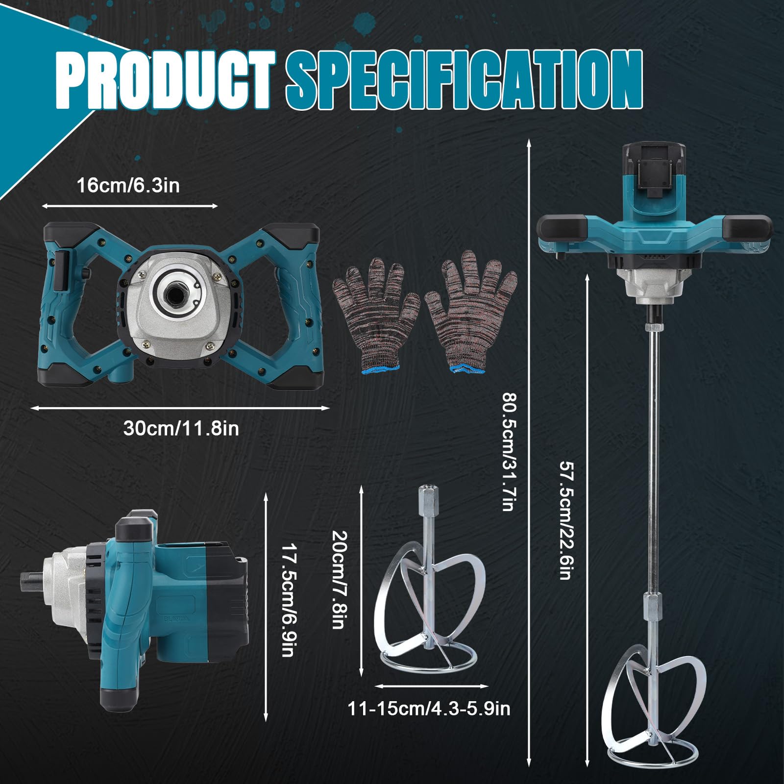 Mélangeur sans fil pour peinture et béton, compatible avec batterie Makita 18 V (sans batterie), mélangeur de mortier sans balais avec 6 vitesses et gants, pour mélanger les aliments, le mortier, la