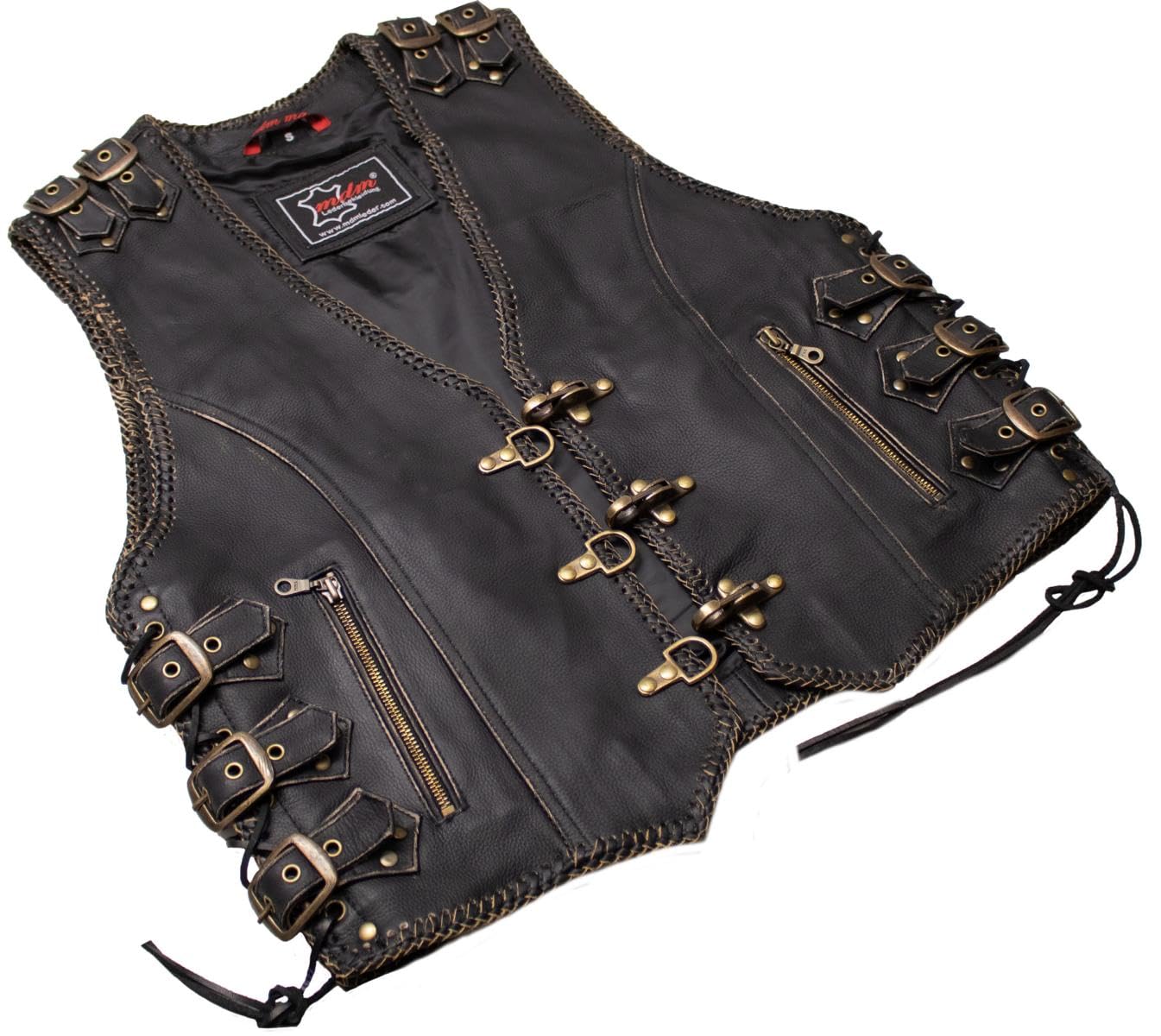 Herren Biker Lederweste mit Messing Schnallen und Karabinern