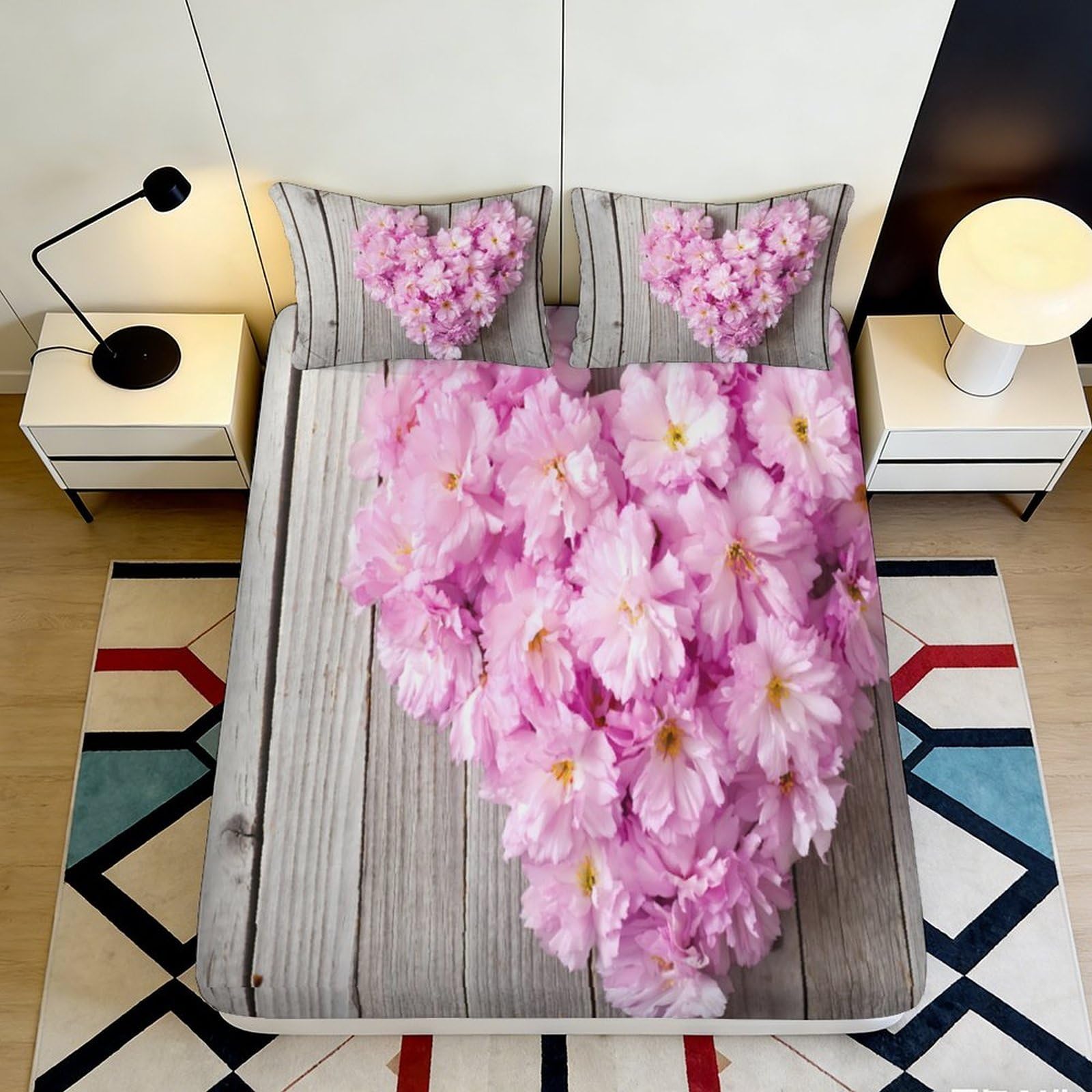 3D Printed Pink Flower Heart Fitted Sheet Microfiber Soft Decorative Mattress Cover for Bedroom Guestroom 90x200x25cm
