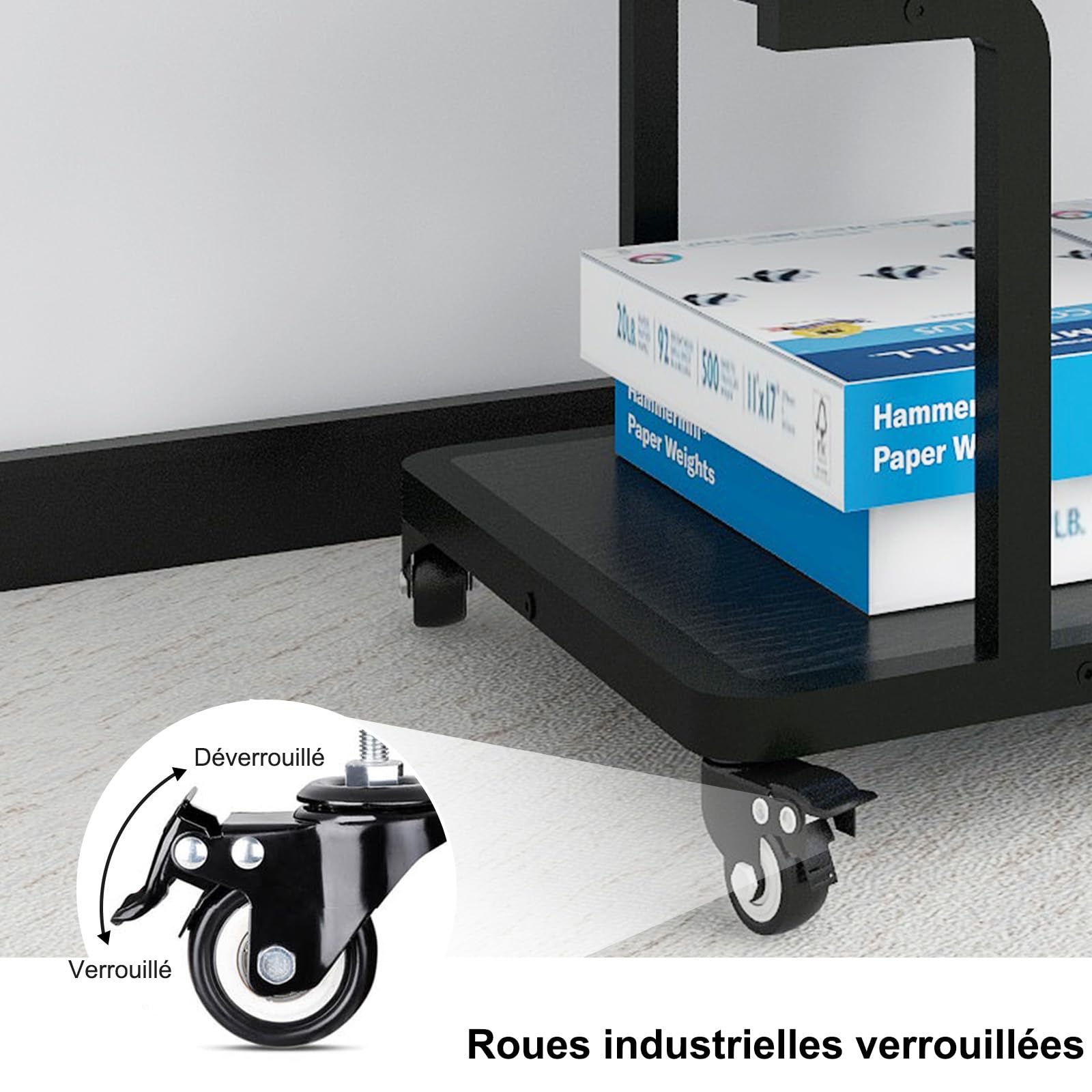 PUNCIA Support Imprimante à 2 Niveaux Meuble Bureau 60x50x38CM (Noir) | Table avec Roulettes Caisson Bureau de Rangement Organisateur de Stockage Charge de 70KG pour Bureau à Domicile