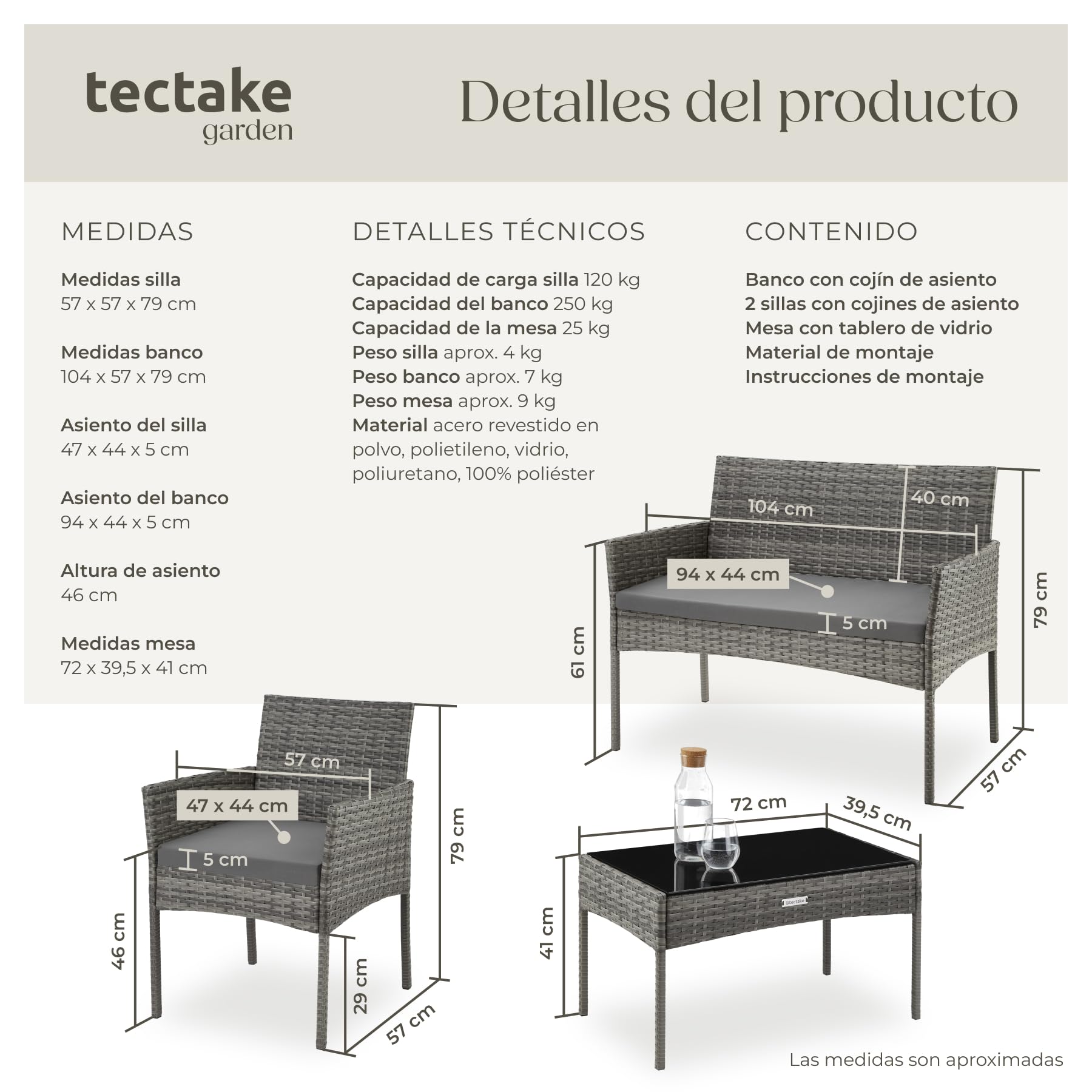 tectake® Conjunto Jardin Exterior de Ratán, Muebles Jardin Exterior para 4 Personas, Muebles Terraza con Mesa de Vidrio, Sofa Exterior y Sillas con Cojines Lavables, Sillon Cómodo - Gris