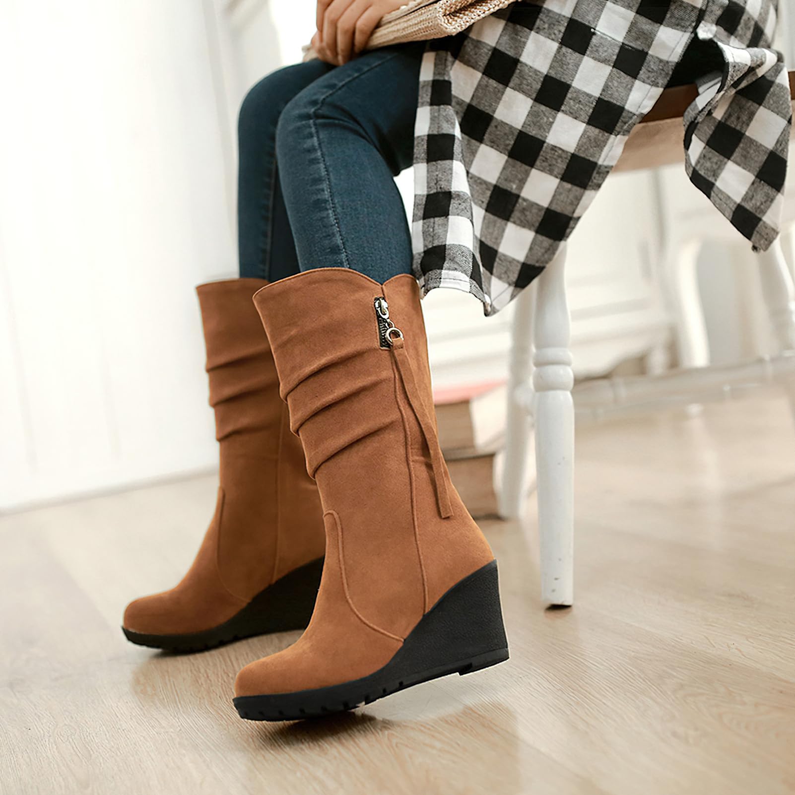 rismart Botas Slouch Mujer Media Pantorrilla Tacón Cuña Forro Fino de Piel Ante Zapatos de Invierno