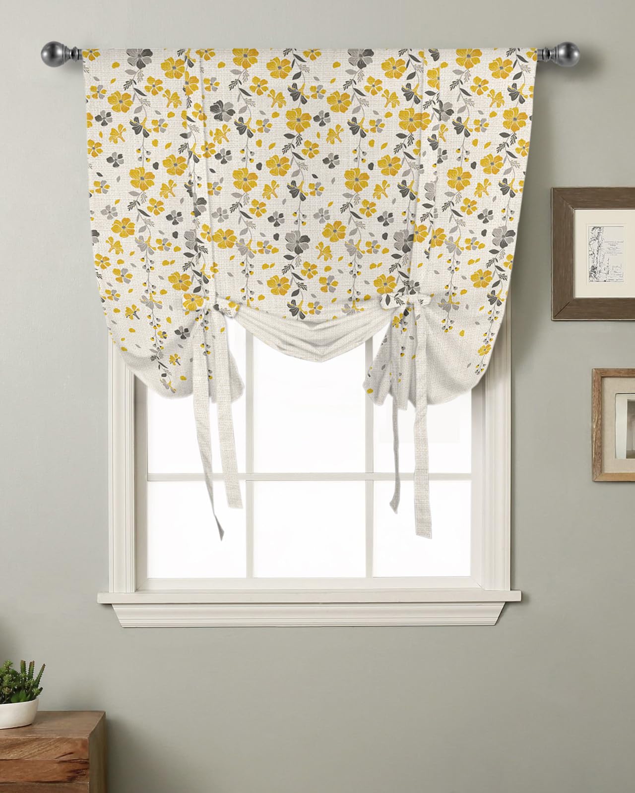 Tie Up Curtains Window Shades,Flower Yellow Grey Cherry Blossoms Cotton Linen Background Rod Pocket Tie Up Window Shade,Adjustable Balloon Curtain Shade for Blinds Kitchen Bathroom,1 Panel,52
