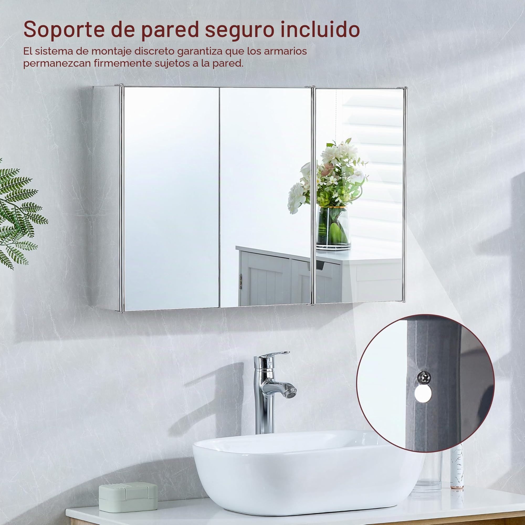 Home Discount Tiano - Armario de baño, Triple Espejo, Acero Inoxidable, montado en la Pared, Moderno