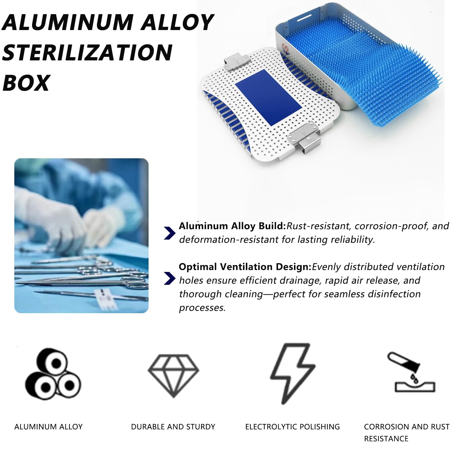 Caja de Esterilización de Aluminio con tapa cerradura y mata de silicona anticorrosiva, estuche para kits de robótica quirúrgica, esterilización veterinaria y departamentos(9.4in*6.9in*2.2in double ti