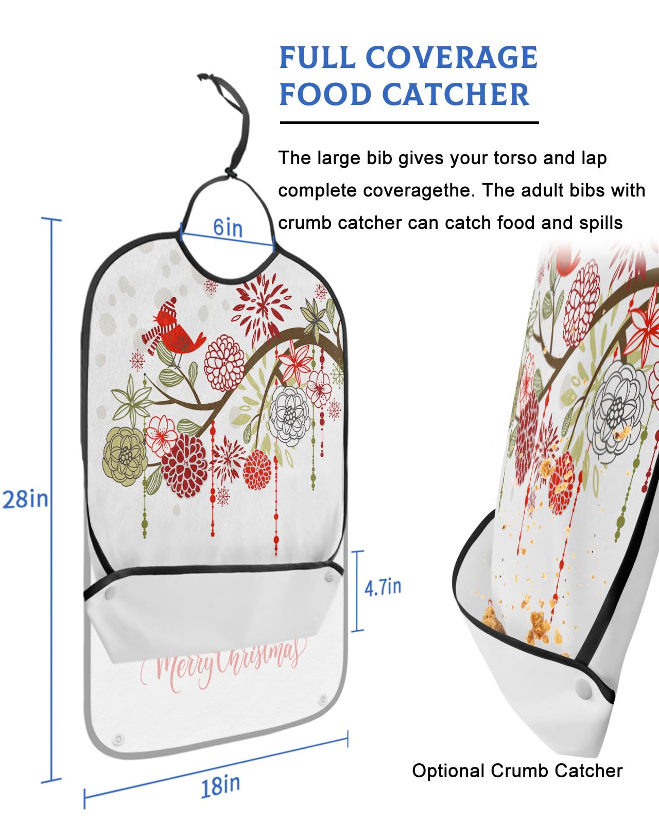 LEOKOTI Merry Christmas Adult Bibs for Eating, Waterproof Bibs with Food Catcher & Adjustable Snap Closure, Xmas Tree Botanical Floral Birds Washable Clothing Protectors Adult Bibs for Elderly