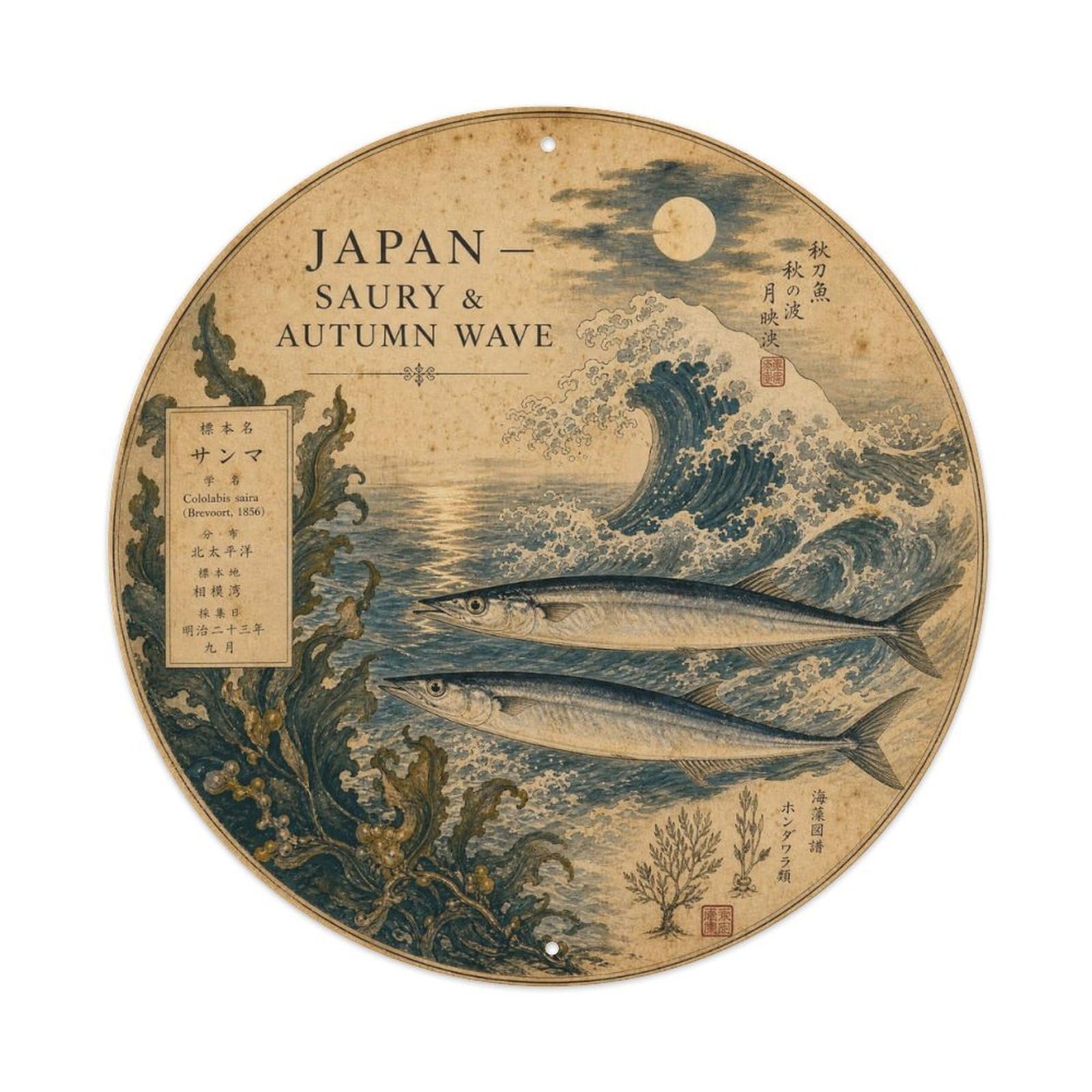 Olyhtr 8X8inch Classic Style Meiji Japan Saury Wave Ceramic Folk Pattern Metal Tin Sign