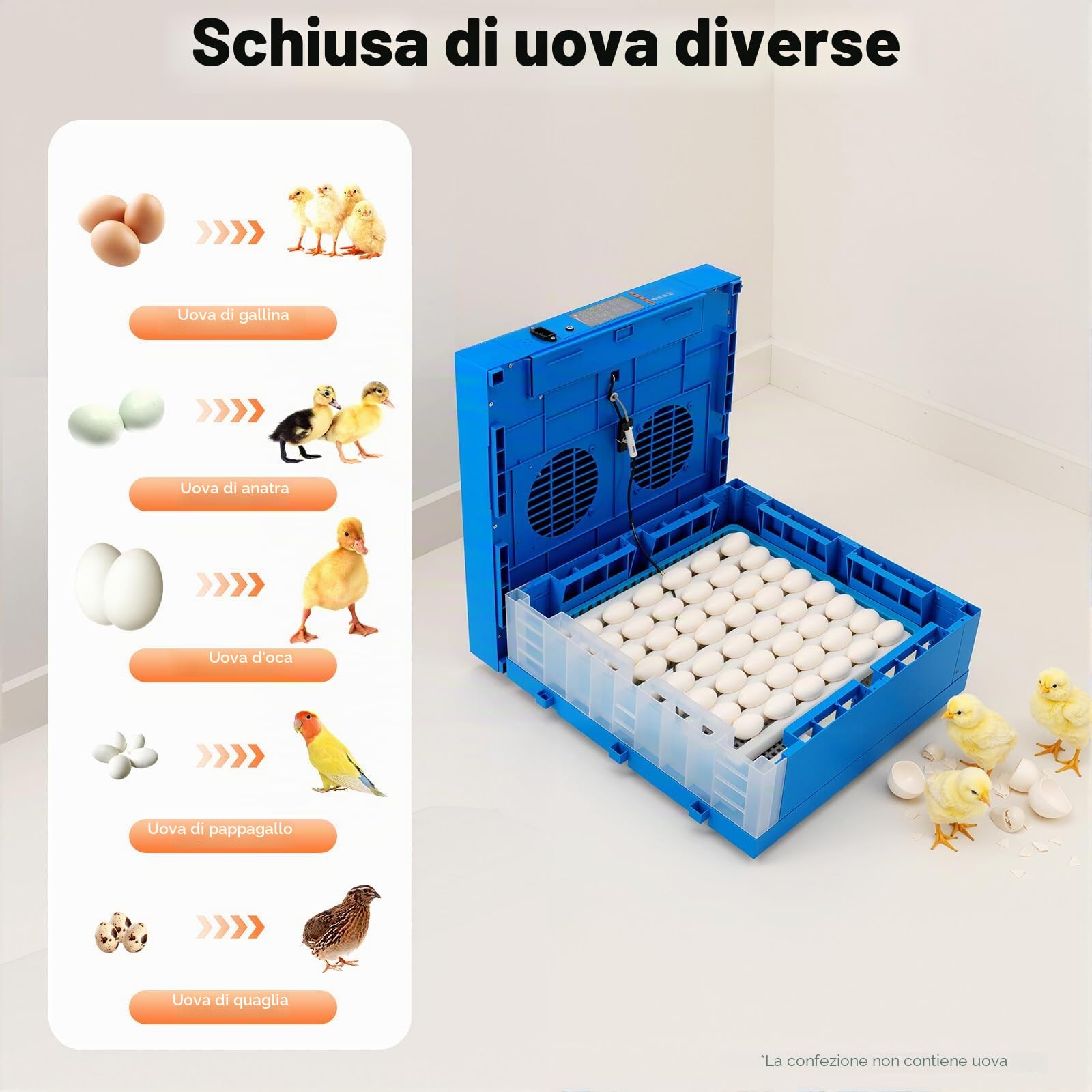Incubatrice completamente automatica, incubatrice per uova di gallina, quaglia, incubatore per 64 uova con rotazione automatica delle uova, design a temperatura costante, temperatura e umidità
