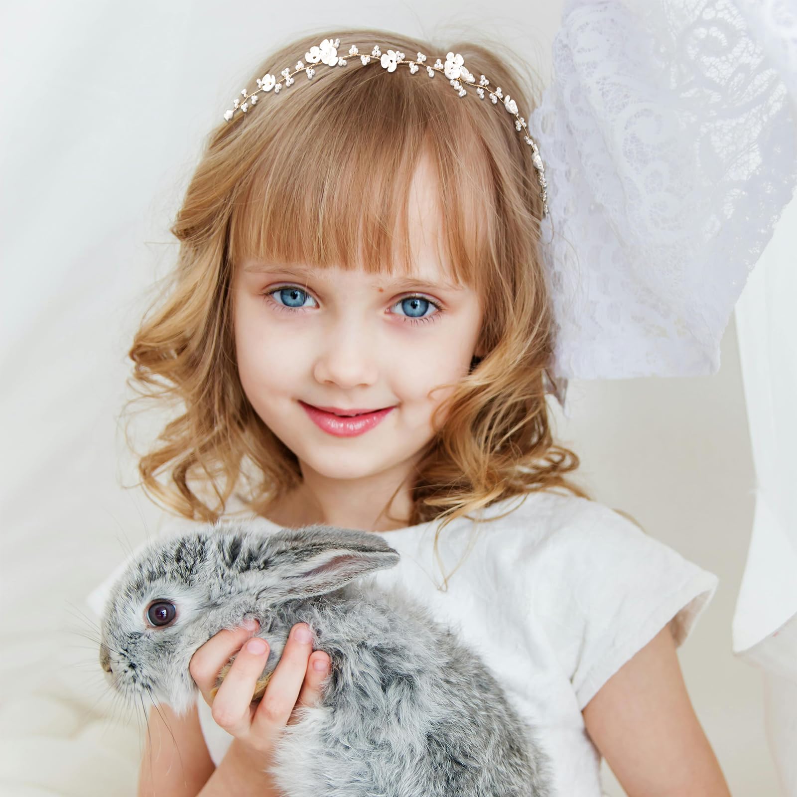 Mdgfge Copricapo Per Bambine Con Fiori E Perle – Fascia Regolabile Per Matrimoni, Comunioni E Feste, 35x5 Cm, Elegante