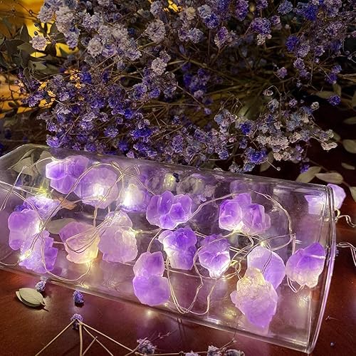 Miniatura 6 de JASHIKA Guirnalda de luces de cristal curativo de amatista y fluorita genuina natural, funciona con pilas con control remoto para adornos de Reiki,