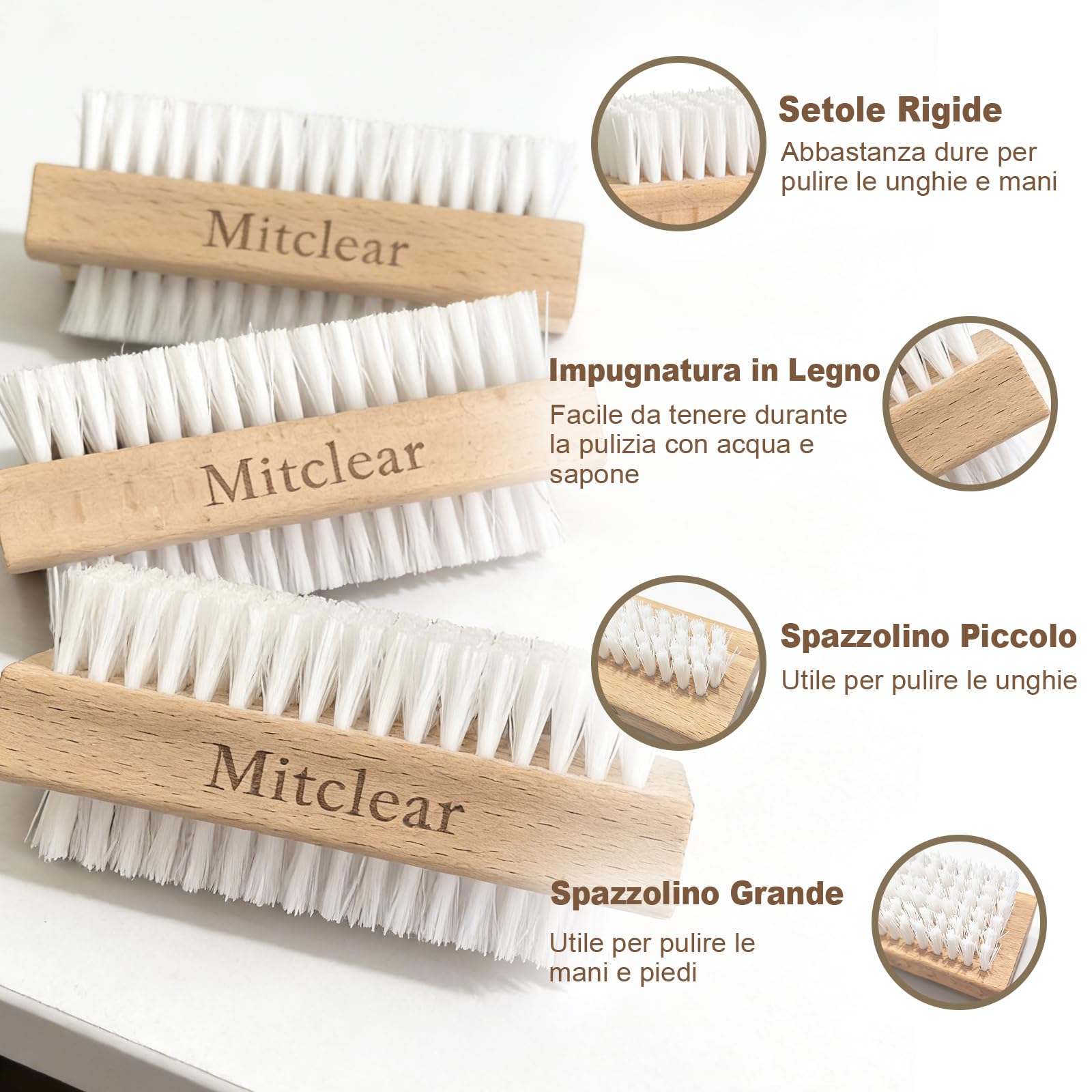 Mitclear Spazzola per Unghie in Legno, Spazzolino per la Pulizia delle Unghie con Setole in Plastica Dura, Spazzoline a Doppia Faccia per la Pulizia di Unghie, Mani, Piedi(3 Set)