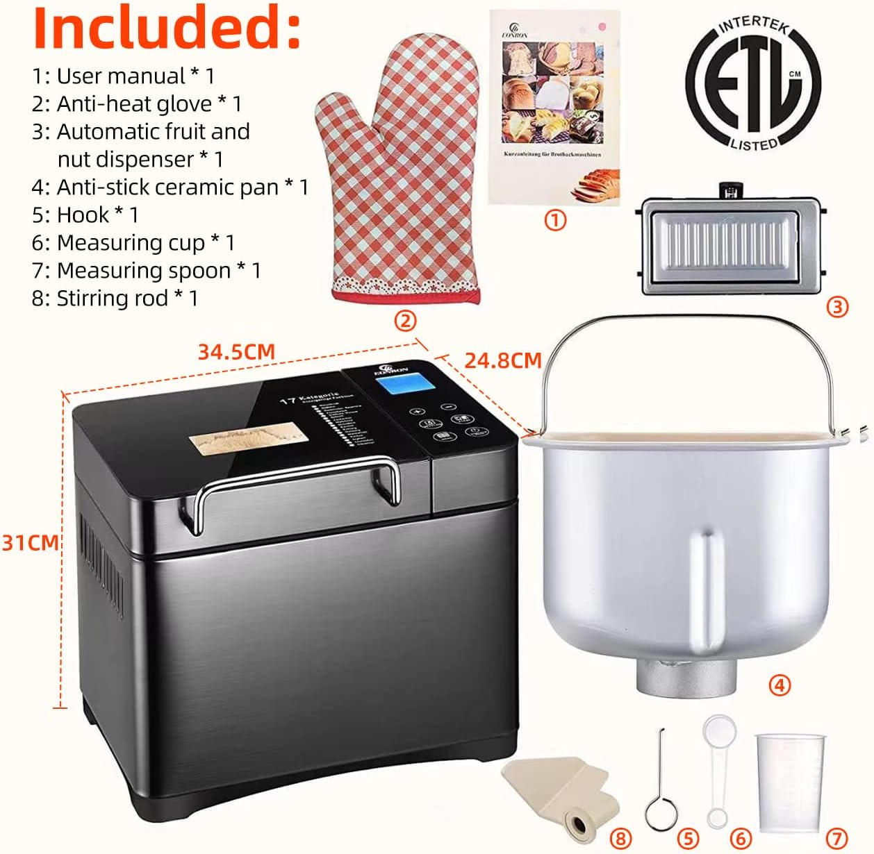 EONBON Macchina per il pane in acciaio inossidabile 17in1 Doppio riscaldatore, 710 W 2 libbre grandi macchine per il pane senza glutine, macchina per impasti, marmellata, yogurt PROG, dispenser