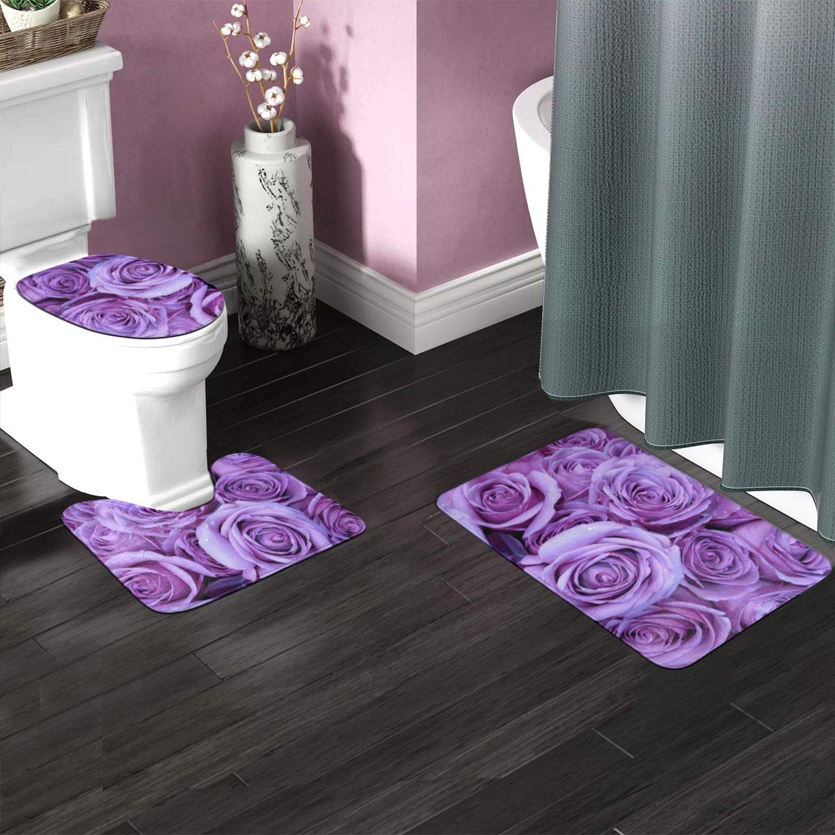 専用になりました。　新品未使用　トイレタリー　パープル　薔薇柄　シェル型　4点 ☆【トイレ2点セット sybilla 花柄 素朴 上品 おしゃれ】耳長