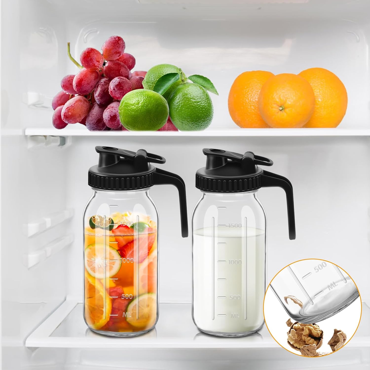 Wide Mouth Mason Jars 64 oz with Pour Spout Lids, 2 Quart Glass Pitcher with Lid, Double Leak Proof Breast Milk Pitcher for Fridge, Coffee, Water, Iced Tea (64 OZ Black) - Image 5