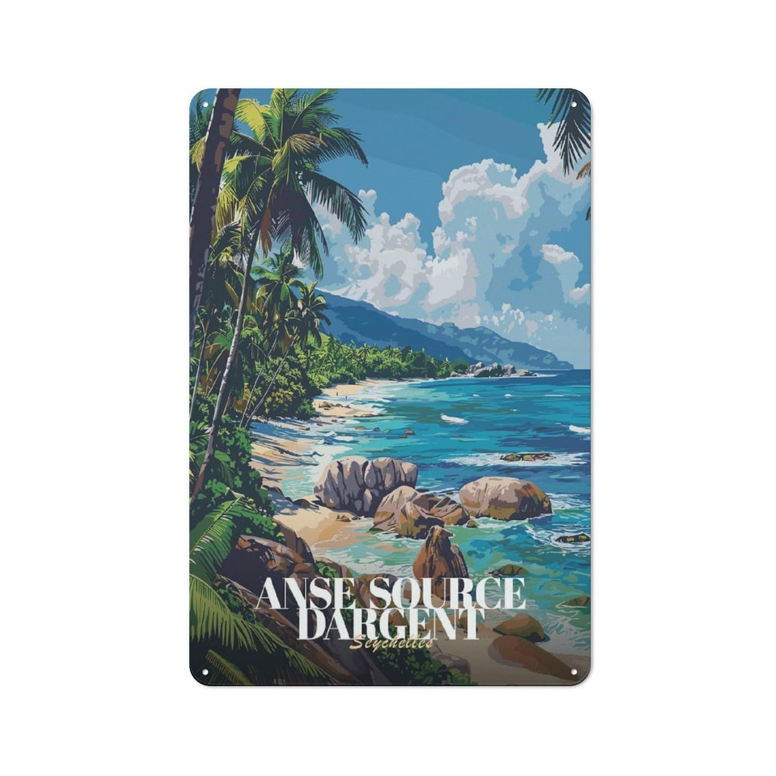 Junmoney Style-15 Tin Wall Plaque 30X20cm With Anse Source Dargent, Seychelles Beach For Bar Or Restaurant, For Hospitality Decor Collectors