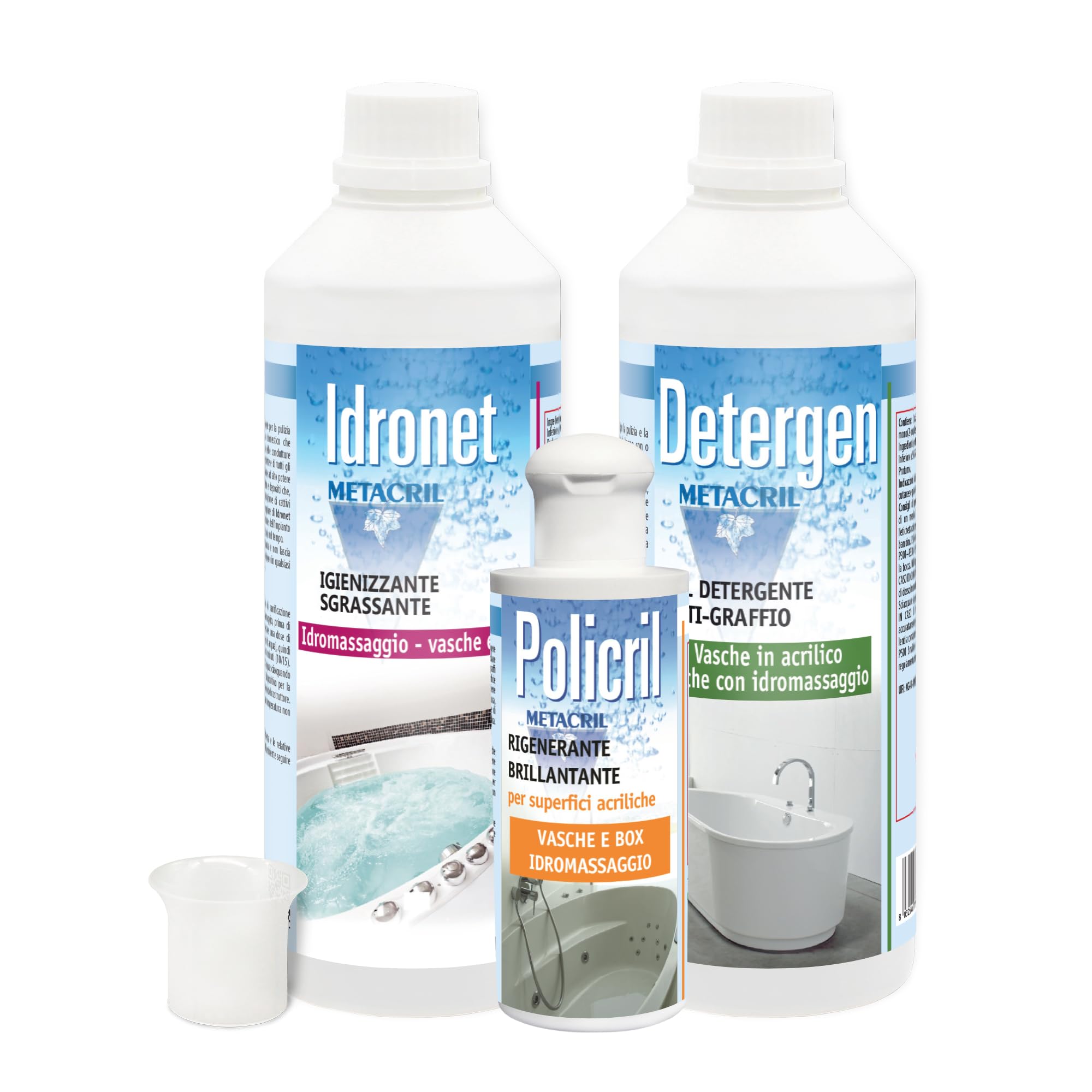 Desinfectante y sanificante + Limpiador antical y cera abrillantadora para bañera de idromasaje Teuco, Albatros, etc. Idro Net 500 ml + Detergen 500 ml + Policril 200 ml