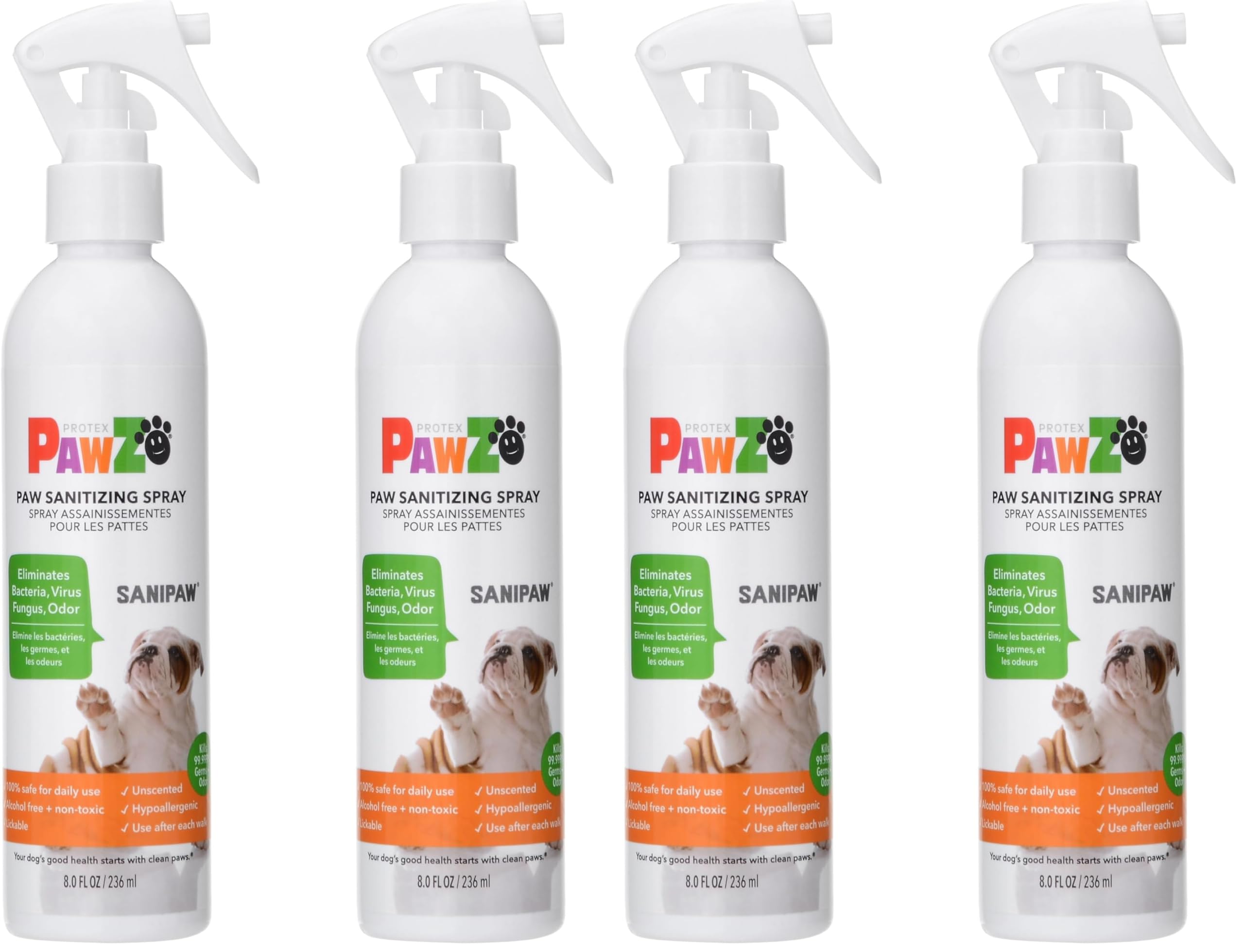PawZ SaniPaw Dog Paw Cleaner and Odor Eliminator Spray, 8 Oz Paw Sanitizer and Dog Repellent Spray, 4 Pack