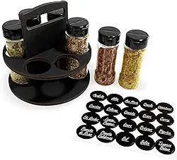 Kit Porta Tempero e Especiarias MDF 6mm Redondo com Alça e Potes Plástico 130ml Tampa Dosadora Dupla