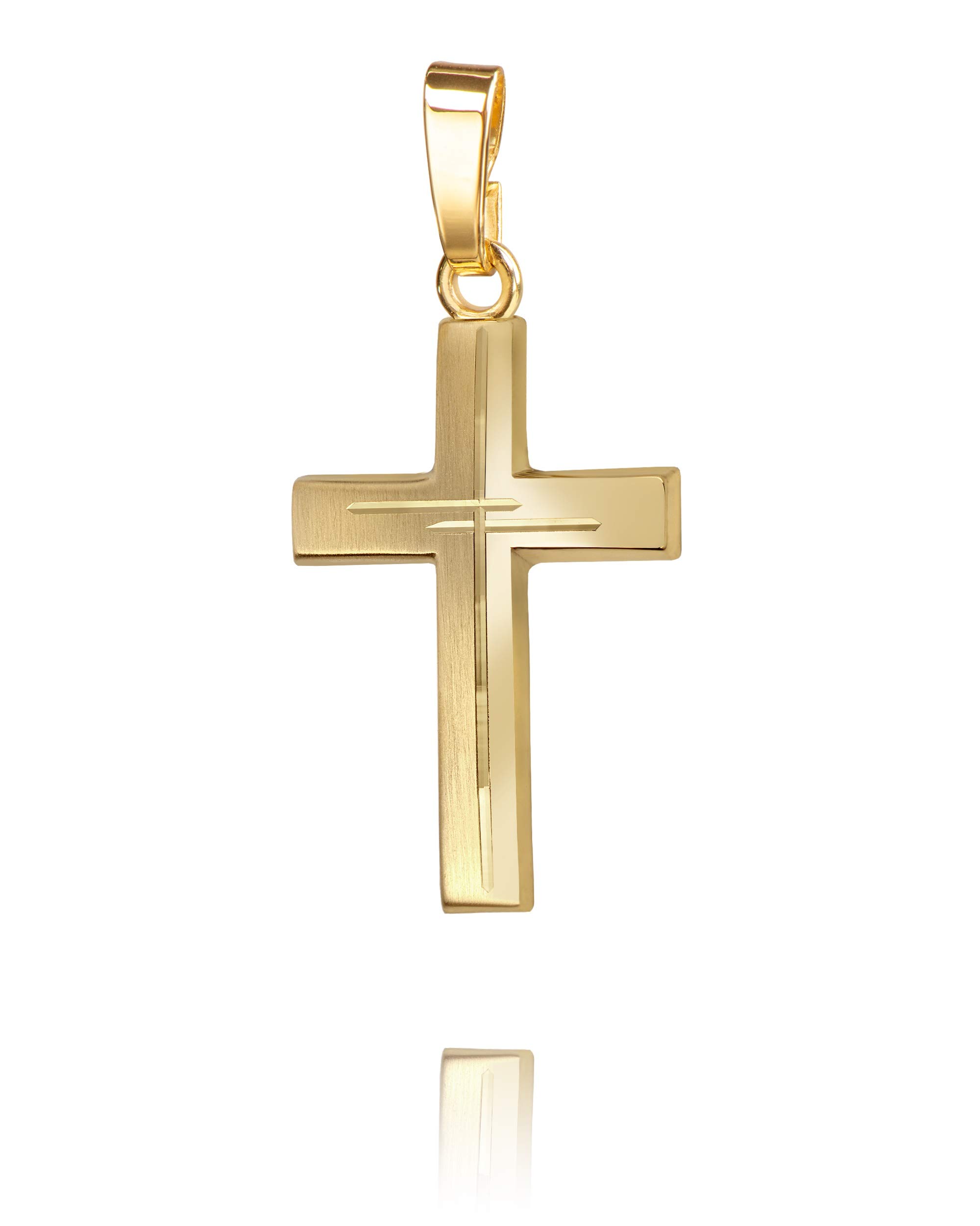 Anhänger-Kreuz mit Diamantschliff Kreuz in Kreuz teilmattiertes Goldkreuz für Damen, Herren und Kinder Kreuzanhänger Kettenanhänger + Schmuck-Etui