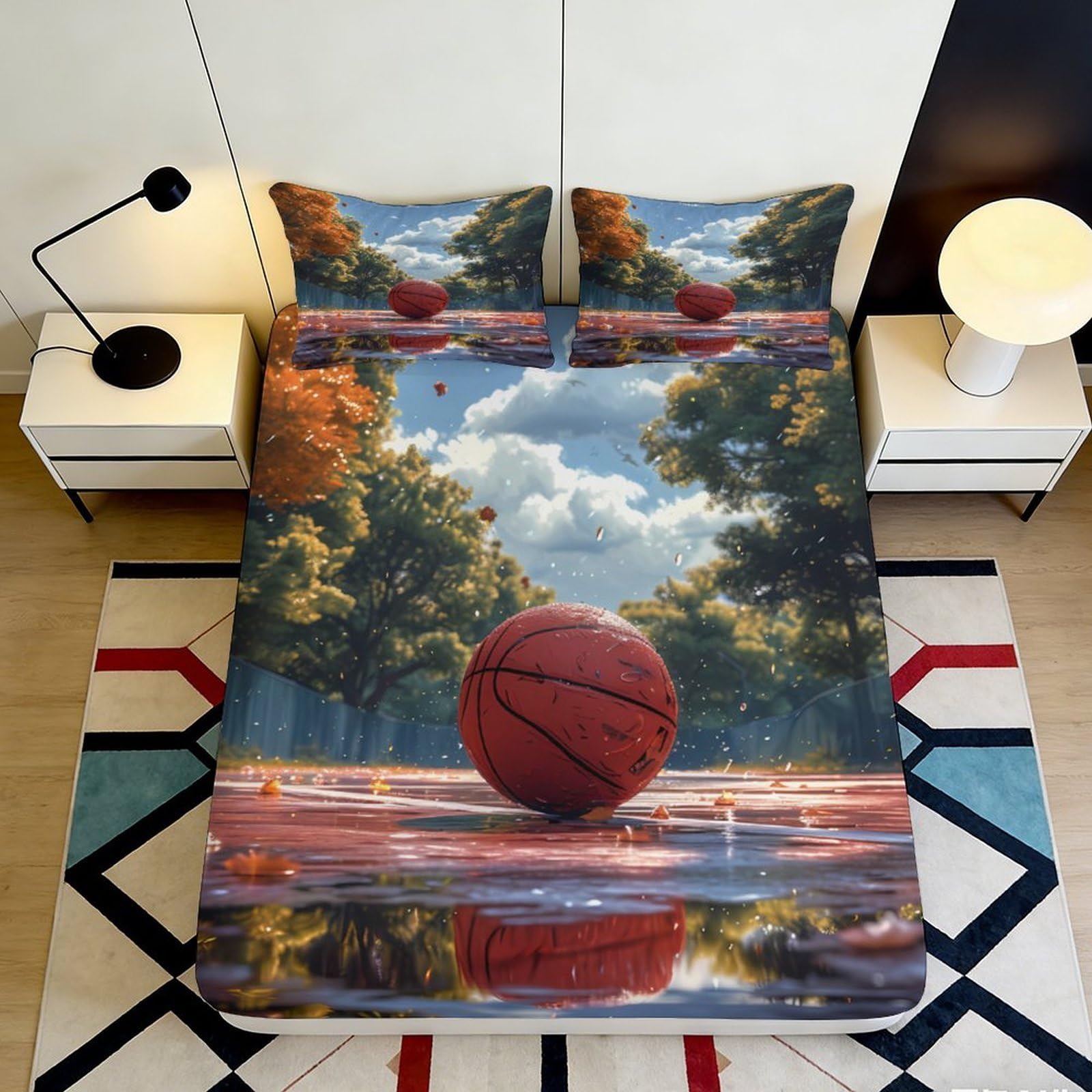 Kzqnxhjprl Style-6 3D Printed Autumn Forest Basketball Fitted Sheet Microfiber Soft Breathable Lake View Bed Cover For Bedroom Decor 90X200x25cm