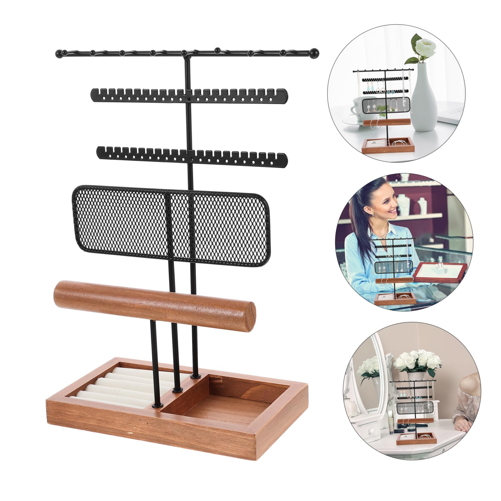 Espositore Gioielli da Tavolo con Base in Legno e Ferro, Organizer per Collane, Bracciali e Orologi per Negozi e Fiere