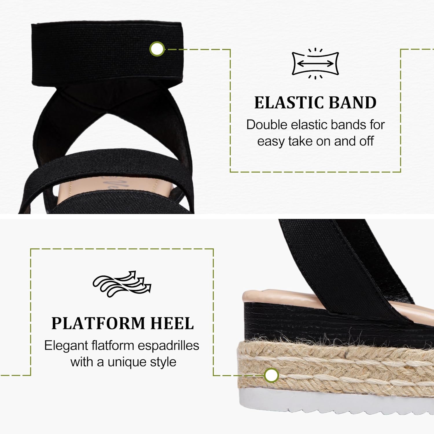 Vepose Women's Platform Sandals Wedge Espadrilles, 2.2 Inch Elastic Strap Open Toe, Comfortable Cute Sandalias, Dressy Summer Vacation Casual Beach Work Wedding 876
