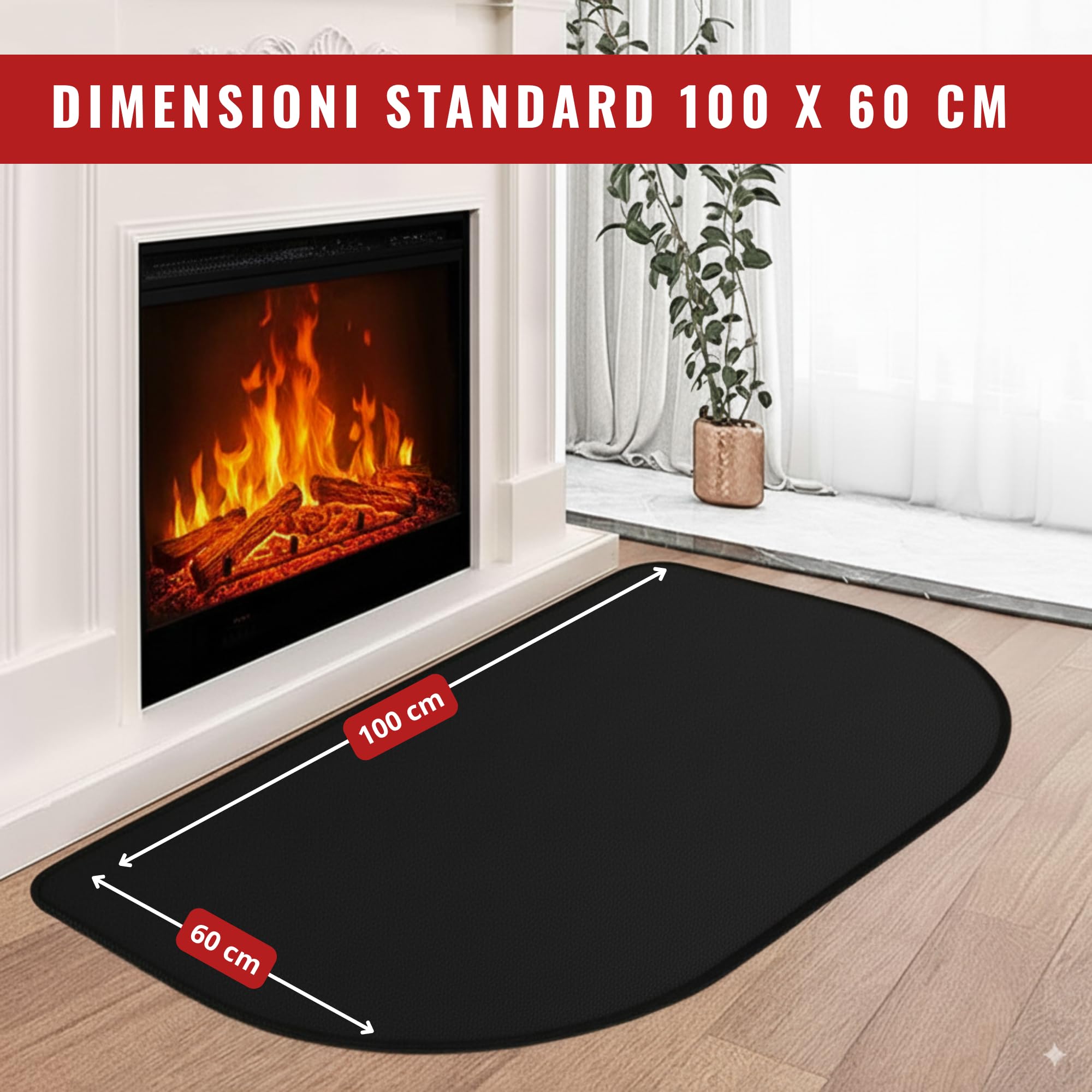 Tappeto per Camino Ignifugo 100 x 60 cm | Tappetino Ignifugo per Camino e Stufa a Legna | Include 4 Strisce Antiscivolo | Protegge il Pavimento da Bruciature e Macchie | Tappeto Camino Resistente