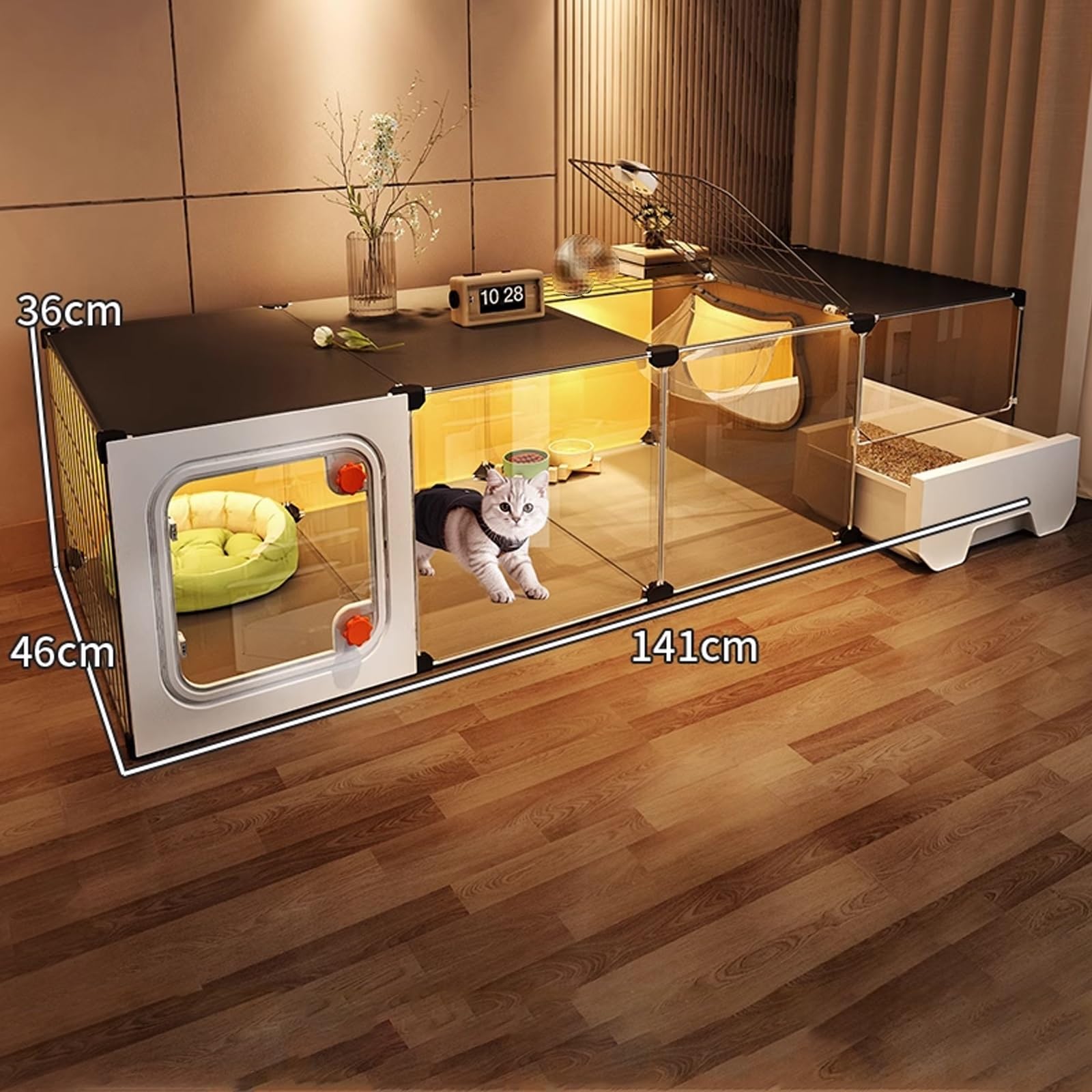 Cage à Chat Intérieure avec Litière Transparent Enclos Spacieux pour 1–2 Chats, Lapin, Petits Animaux, Grande Zone d'exercice pour Chat, Montage Facile(141x46x36CM)