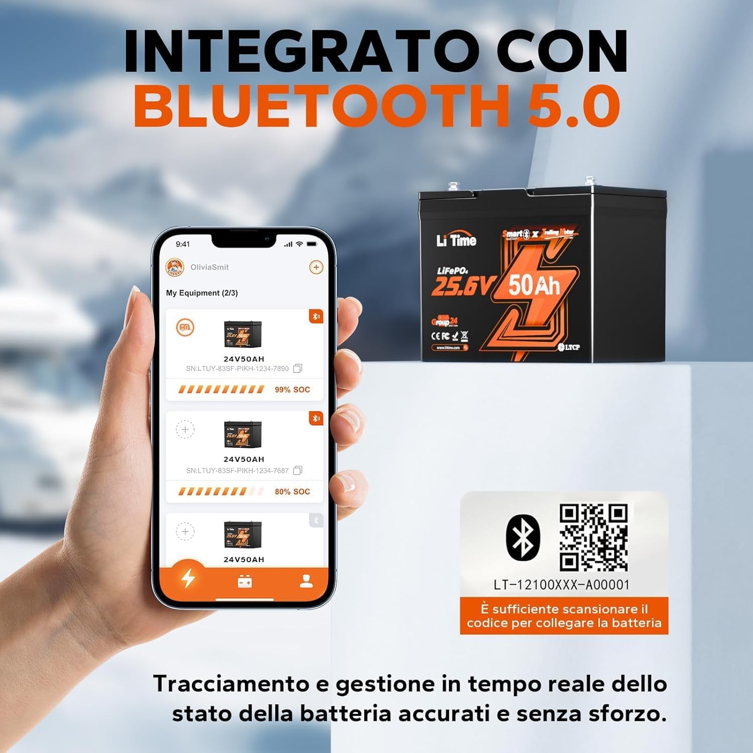 LiTime Batteria Litio 24V 50Ah LiFePO4 per Motore Elettrico Barca, Pesca | Bluetooth, BMS 50A, Max 15000 Cicli, Energia 1280Wh, IP65, Protezione Basse Temperature, Max 4P4S, per Barche, Nautica