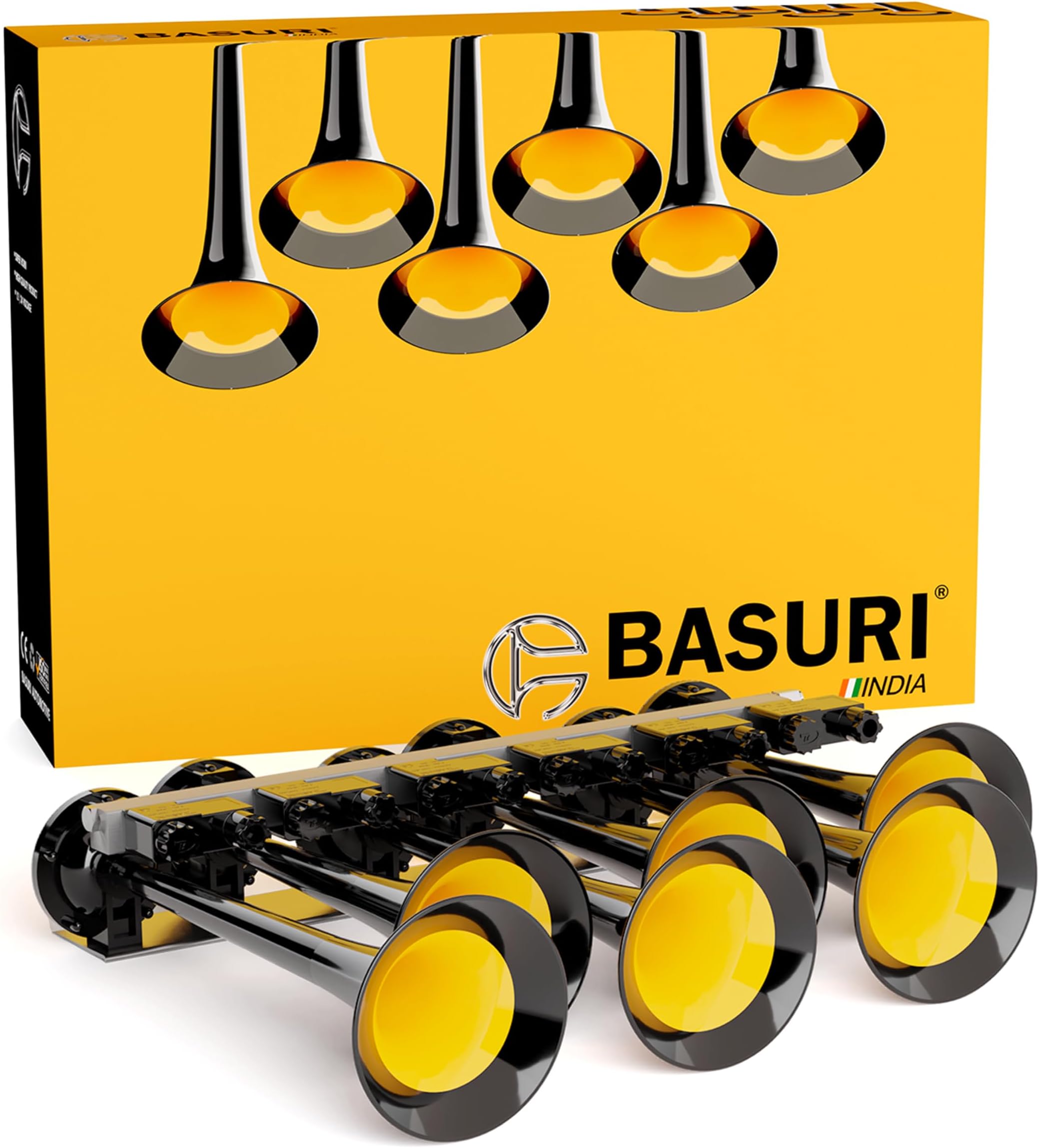 BASURI® Musical Air Horn | 12/24 Volt | 130 DB | Version (Baby Shark 2.0) 18 Super Loud Melodies (Sounds) 6 Pipe (Trumpets) With Turbo Controller For Bus, Truck and Heavy Duty Vehicles