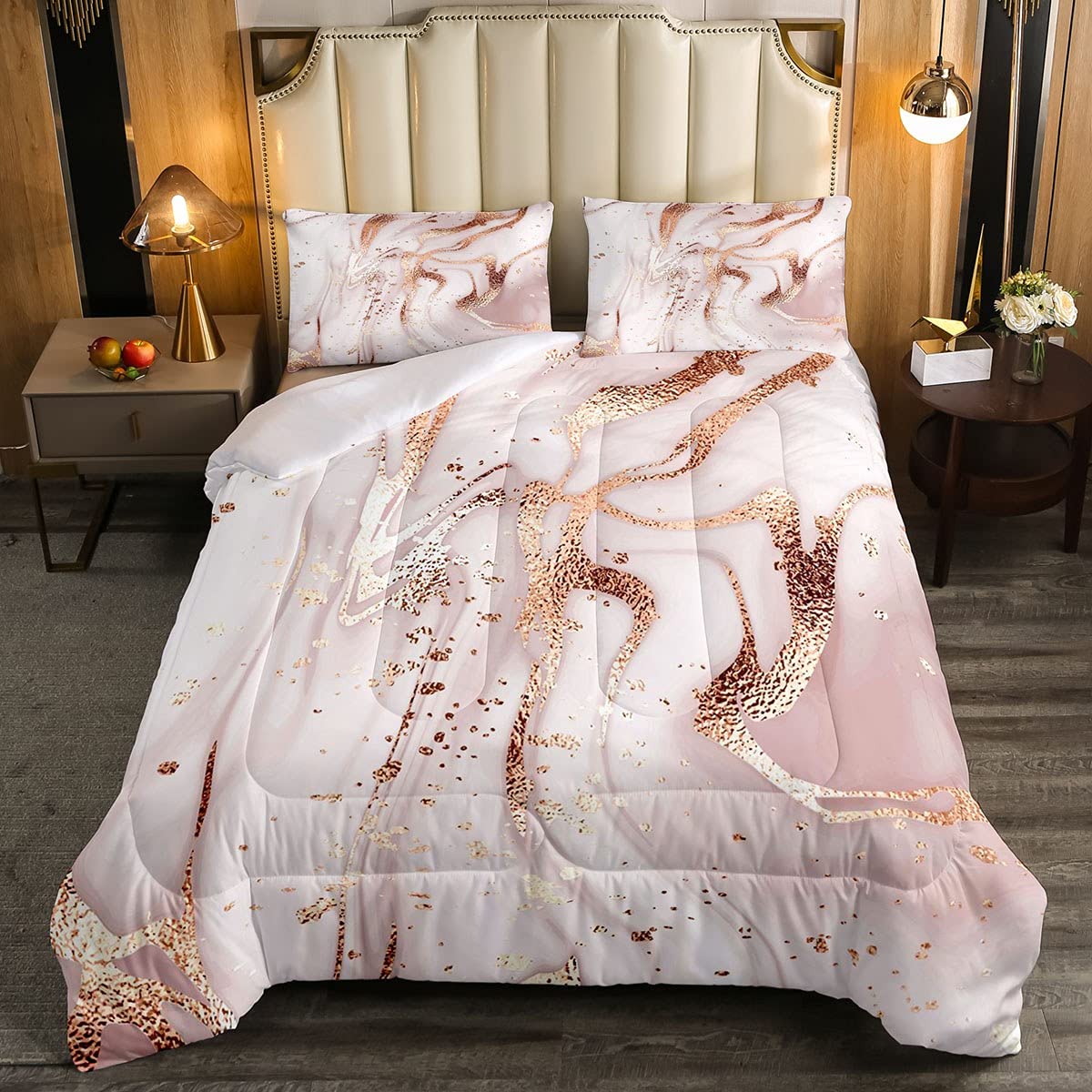 AILONEN Set Biancheria Letto Matrimoniale Marmo Floreale – 3 Pezzi: Trapunta 170x215 Cm + 2 Federe 50x76 Cm – Morbido E Leggero