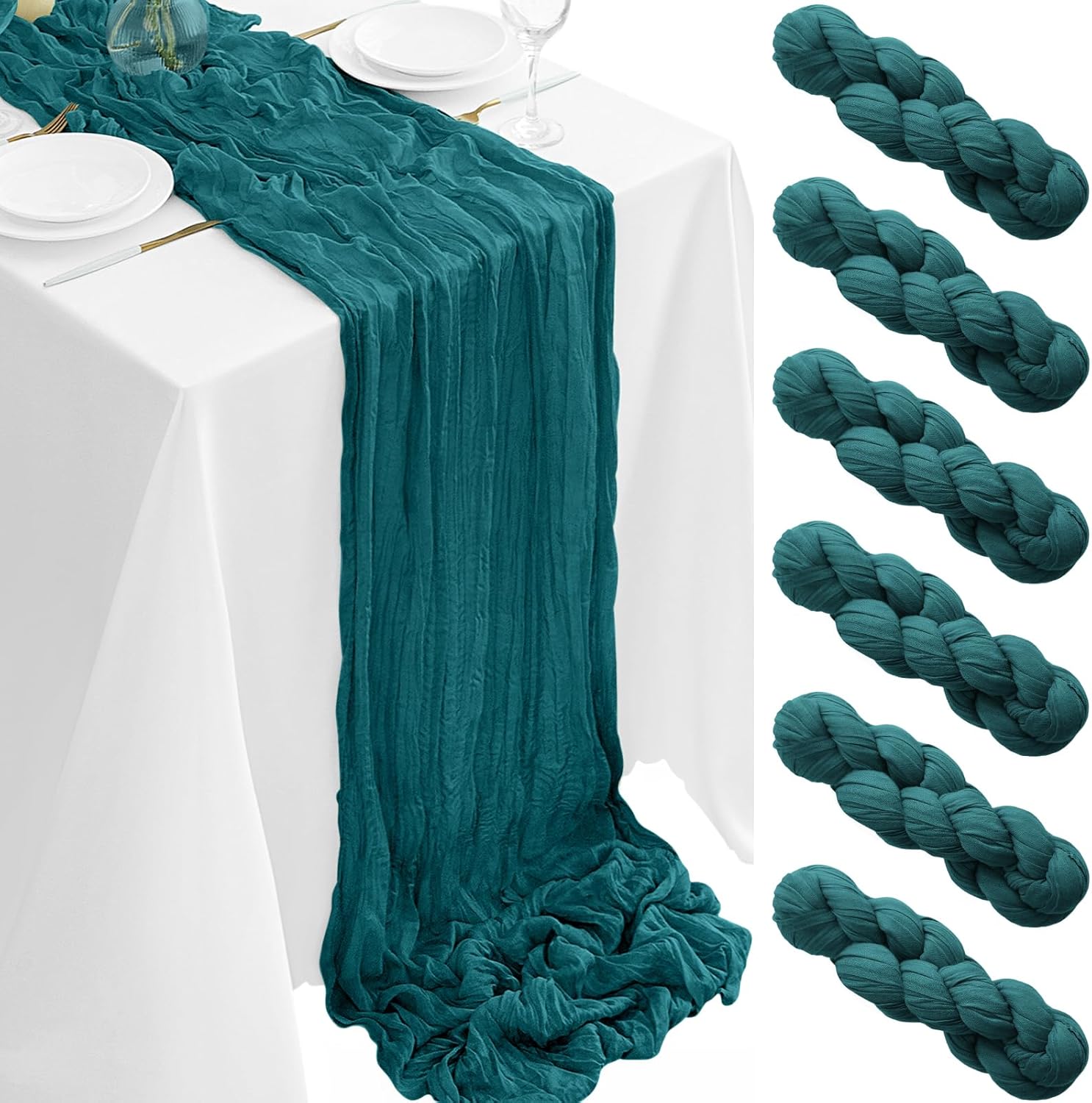 6Pack Teal Cheesecloth Table Runner 35 x 120 inch Cheese Cloth Table Runner 10FT Boho Table Runners Rustic Gauze Table Runners for Party Wedding Birthday Dining Bridal Shower Baby Shower Decor Teal Blue 6PCS-10FT
