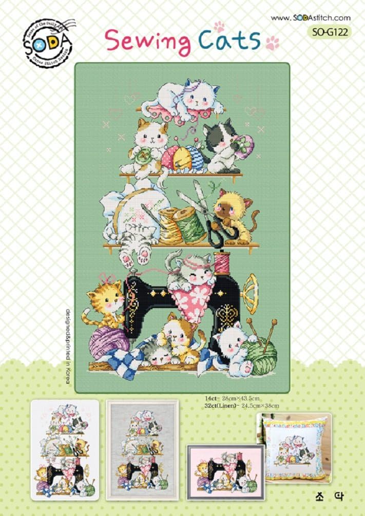 SO-G122 Sewing Cats, SODA Cross Stitch Pattern Leaflet, Authentic Korean Cross Stitch Design Chart Color Printed on Coated Paper
