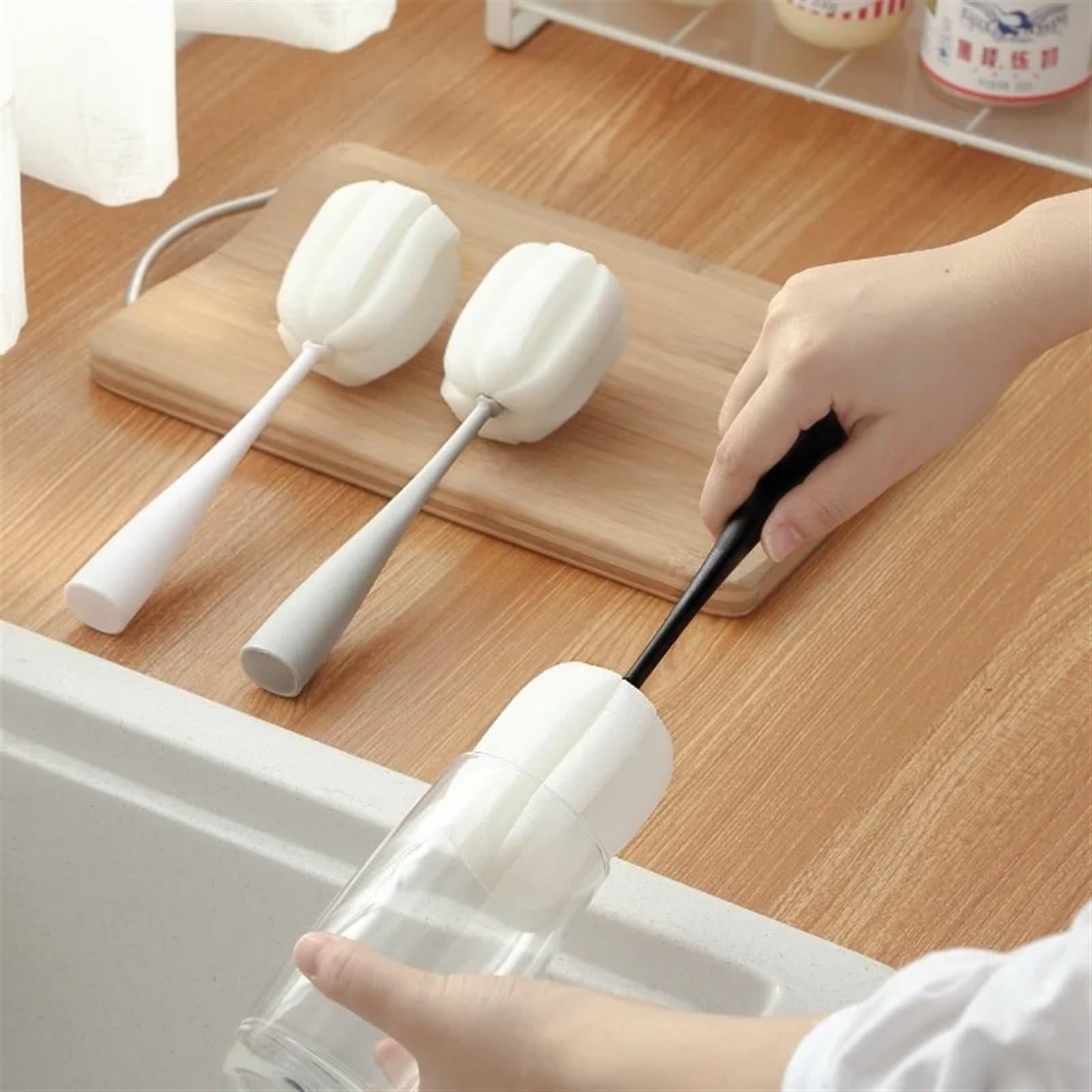 Tassenschrubber Haushalt Vertikal Langgriff Glasschale Pinsel Thermos Flasche Schwamm Reinigung Pinsel Becher Cup CUPERER UND WOUBBER KÜCHEN Gadgets Cleaning Brush (Color : Pink, Size : 5X23CM)