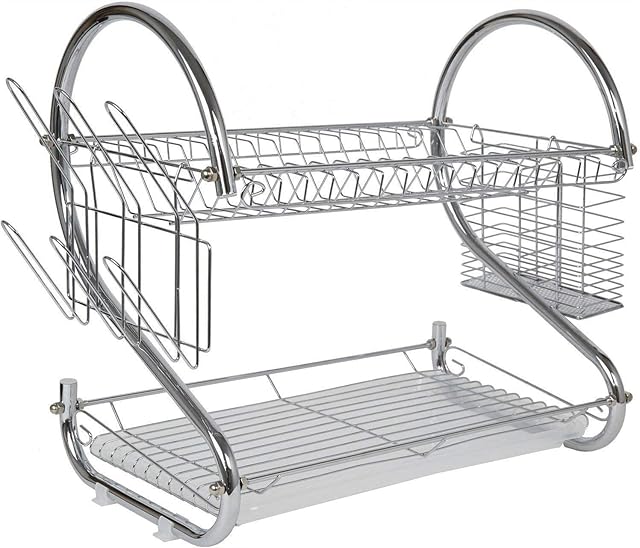 Zaroo Dish Drainer - 2 Tier Silver Sink Drainer Rack with Utensil Holder, Cup Holder and Dish Rack for Kitchen Storage and Counter Top ( Stainless Steel)