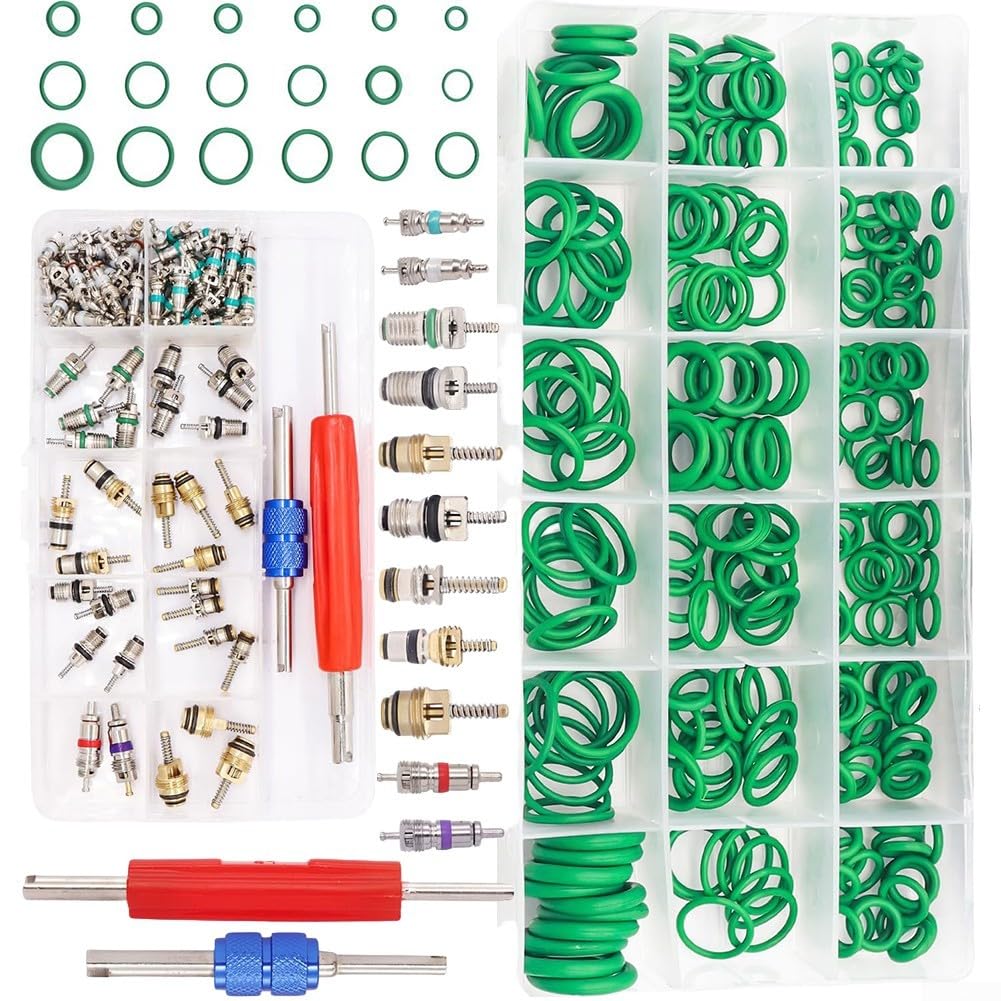 Kit di 372 valvole per condizionatore d'aria per sistemi R12 e R134a - Include nucleo valvola in plastica e metallo, scatola portaoggetti organizzata (20 x 10 x 5 cm) per veicoli elettrici